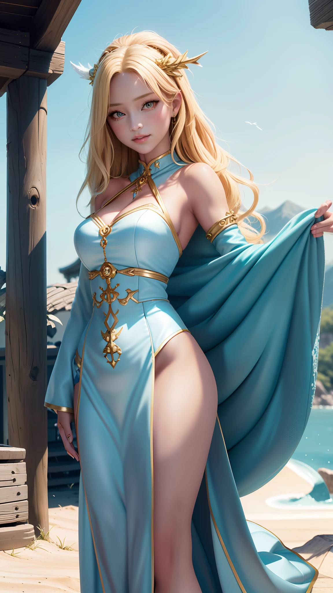 Blonde woman posing for photo in white and blue dress, blonde goddess, Anime goddess, Close-up Shot Shot, cory chase as an atlantean, extremely detailed goddess shot, Greek goddess, cinematic goddess body shot, Beautiful goddess, Gorgeous Role Play, Goddess. Extremely high detail, beautiful teenage girl, a beautiful fantasy empress, beautiful and seductive anime woman, karol bak uhd{ {best qualtiy}}、{ {tmasterpiece}}、{ {ultra - detailed}}、{illustratio}、{Detailed light}、{Extremely Delicately Beautiful}，noire, Uma personagem feminina, 9  - Gothic woman, Full body woman， RPG art ，scenery background，Bird，Exquisite facial features，pretty  face，With a smile on your face，（（Bright picture quality）） 1girl