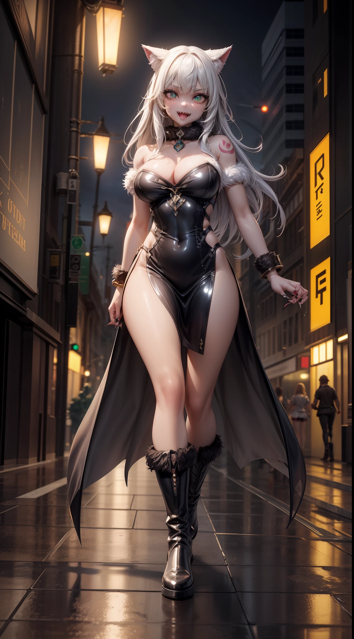 werewolf girl, ((fluffy skin)), paws on foots, fluffy fur on body, ((fangs)), ((claws)), huge metal bracelets, huge metal collar, high boots, pistachio-green extremely_detailed_(lacy, fur, silk, satin)_(dress, clothing, skirt), detailed face, detailed beautiful shiny eyes, slit pupils, metallic reflections, futuristic city square, (tatooed, marked)_fit_muscular_body, (((1girl))), portrait, (full body), natural breasts, medium length hair, masterpiece, best quality, beautiful and aesthetic:1.2, fractal art:1.4, 16K, HDR, RTX, Ray Tracing, Radiosity, Anisotropic Filtering, Subsurface Scattering