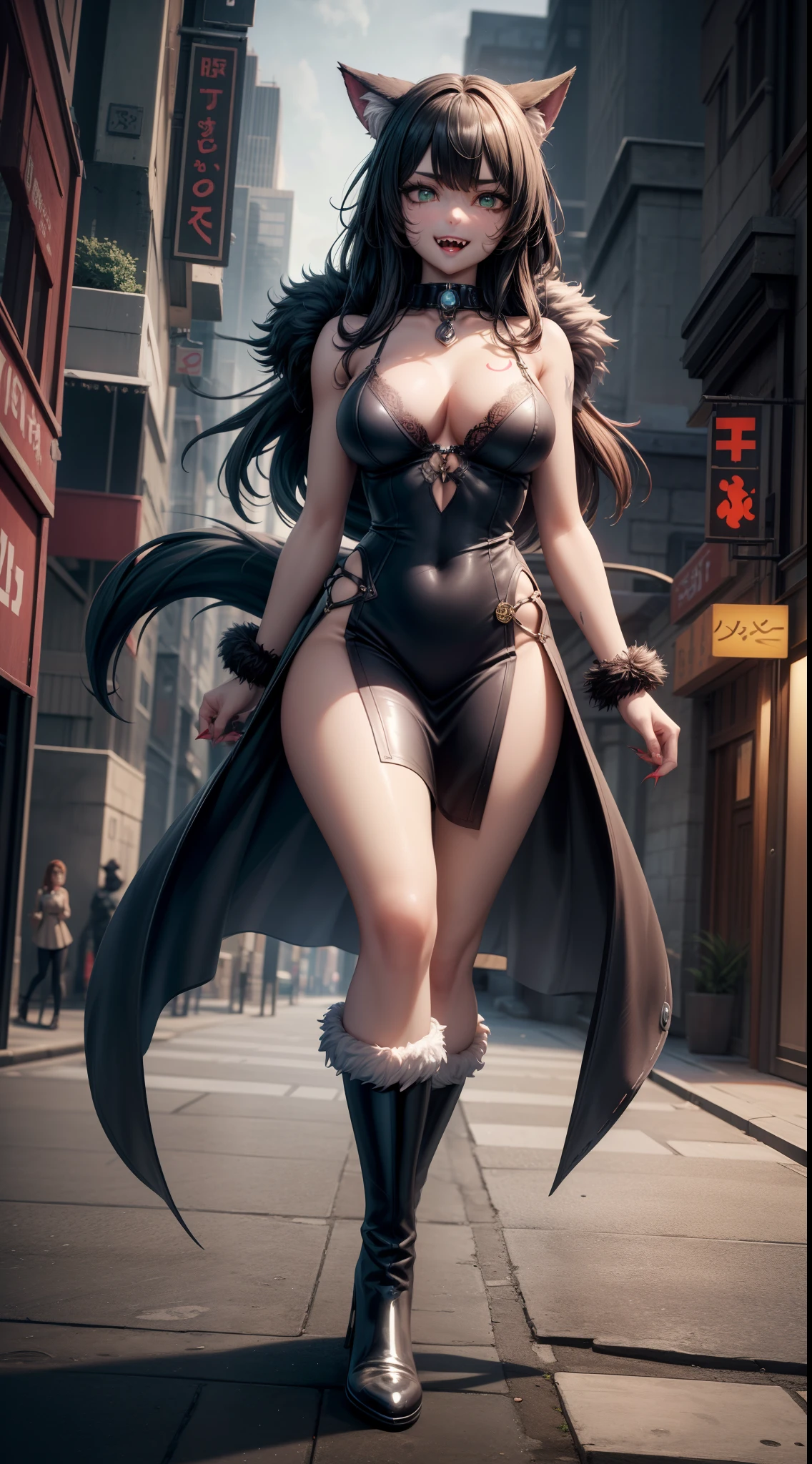 werewolf girl, ((fluffy skin)), paws on foots, fluffy fur on body, ((fangs)), ((claws)), huge metal bracelets, huge metal collar, high boots, pistachio-green extremely_detailed_(lacy, fur, silk, satin)_(dress, clothing, skirt), detailed face, detailed beautiful shiny eyes, slit pupils, metallic reflections, futuristic city square, (tatooed, marked)_fit_muscular_body, (((1girl))), portrait, (full body), natural breasts, medium length hair, masterpiece, best quality, beautiful and aesthetic:1.2, fractal art:1.4, 16K, HDR, RTX, Ray Tracing, Radiosity, Anisotropic Filtering, Subsurface Scattering