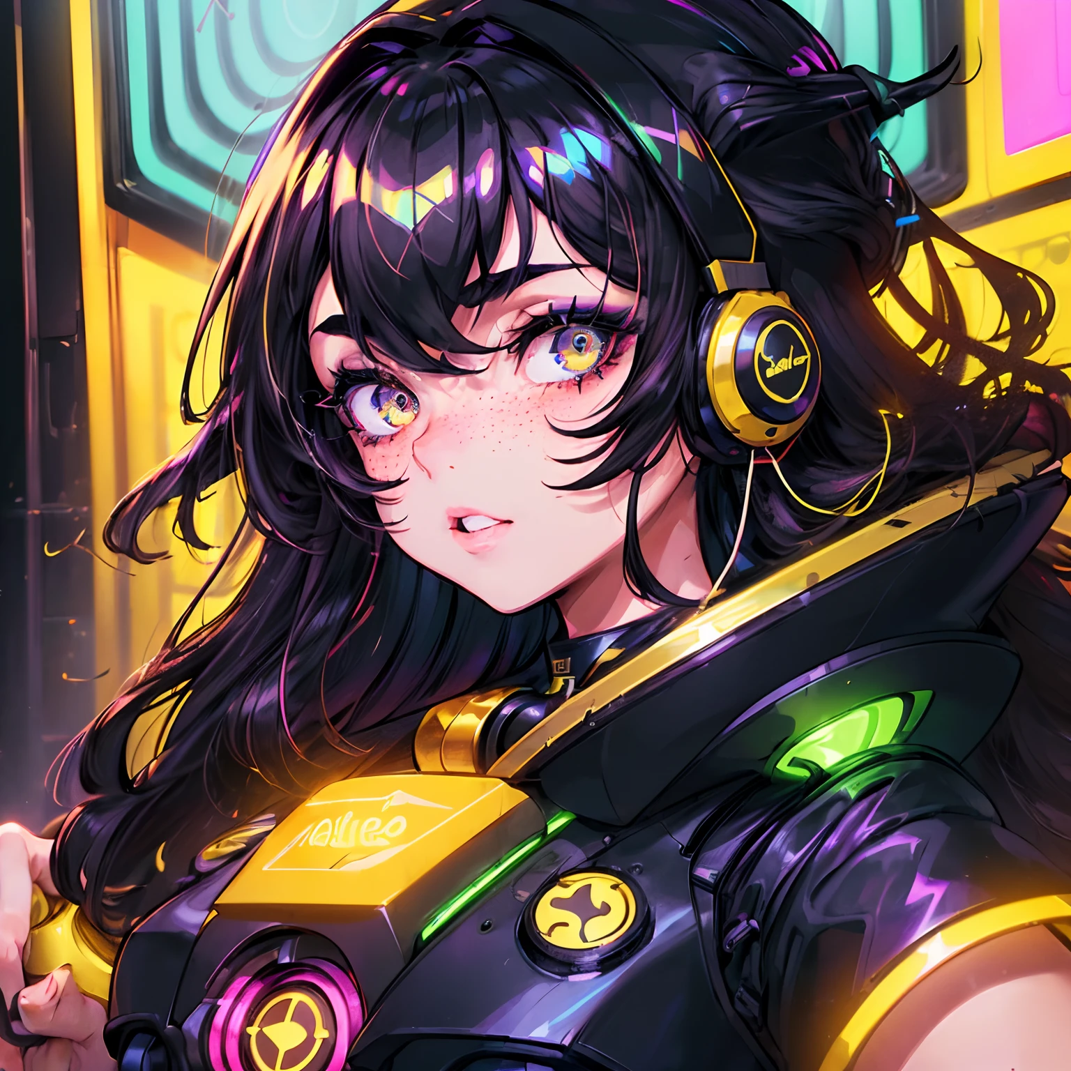 (master part, best quality, extremamente detalhado:1.5) INTERVALO 1girl, foco solo, A girl with brown eyes medium black hair curly waves, freckles and dimples on the face large eyelashes, gamer headphone around neck, Details and neon lights around and sparks