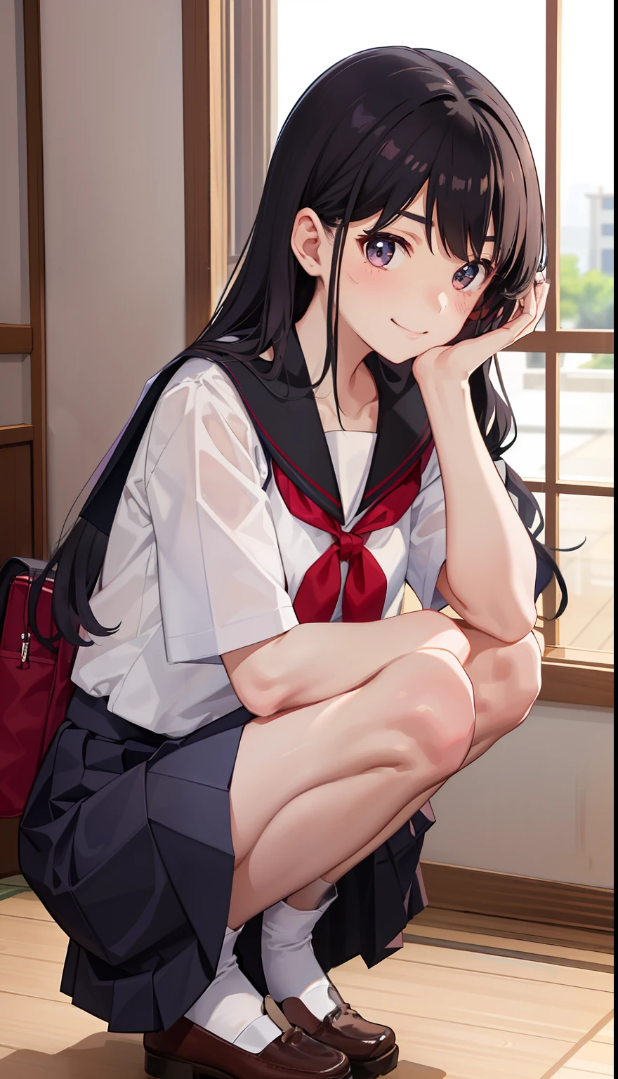 1girl in、A smile、The shirt、skirt by the、（small tits）Chilarism、Japan High School Student Uniform、serafuku、summer clothing、Squall Drenched Uniform、（Sheer Bra）、Upper body portrait、Squatting panchira、