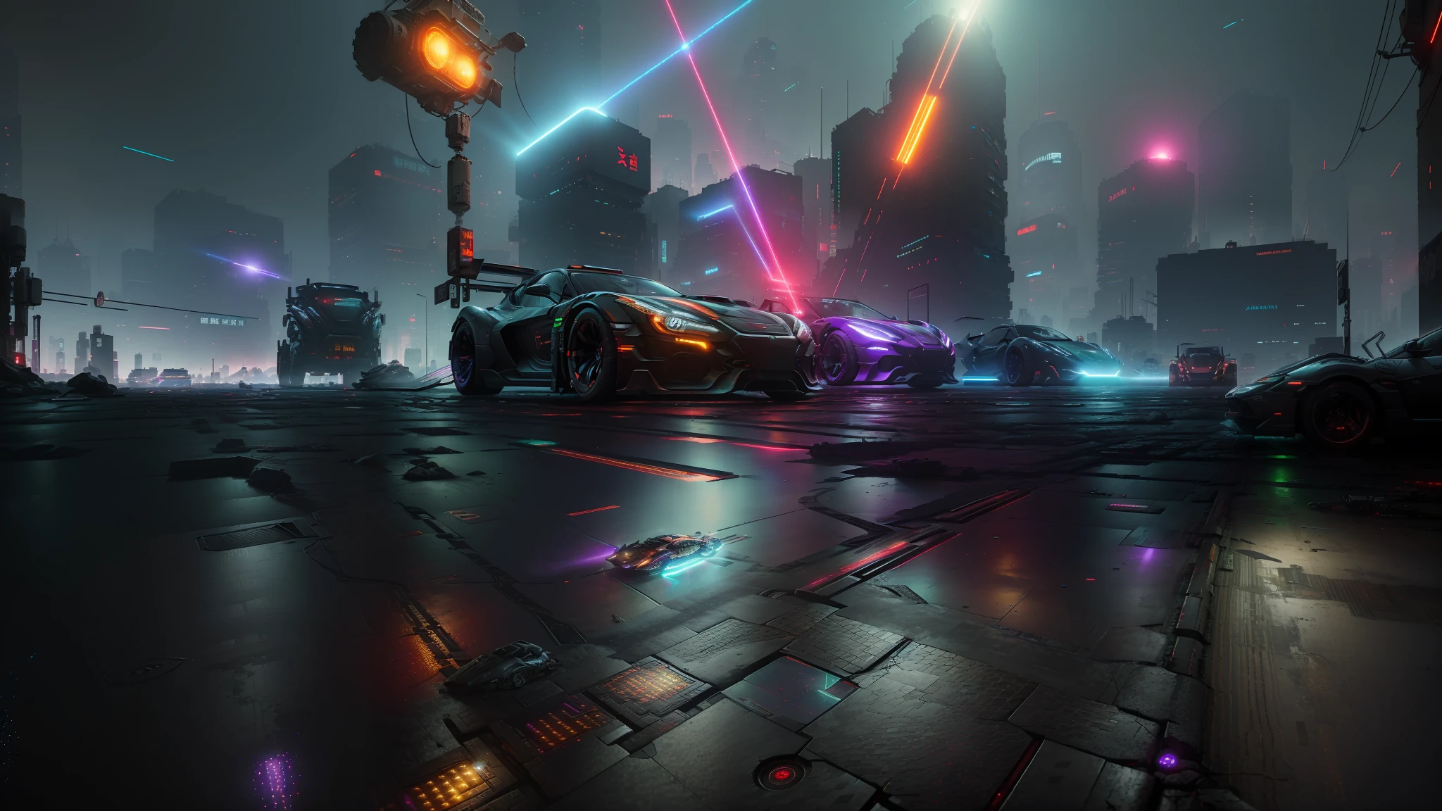 Ancient Battlefield, medium plan, City streets, dim lighting, Very gloomy picture layout, Extended Frames, Cyberpunk background, ((Ultra-realistic asphalt with super detailed textures)), (((Color lasers and spotlights))), (((Japanese-style cyberpunk cars ride on the viewer))), (((There are a lot of lasers in the background)))