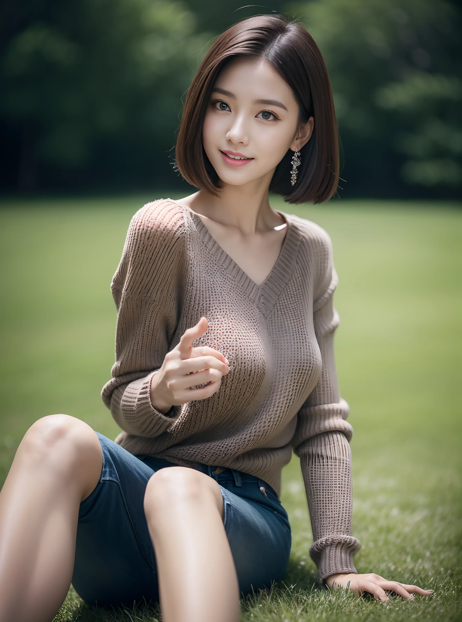 (rain, grassy fields: 1.3), 1 beautiful woman taking pictures on the grass,RAW photos,tmasterpiece,(highdetailskin:1.2),8k ultra high definition,digital SLR camera,gentlesoftlighting,high high quality,filmgrain,富士XT3,20 years old Asian woman,Dark gray skinny sweater(Slim,Fit snugly to the body,Show beautiful curves)and trendy jeans with open navels,Detailed clothing details:1.5,perfect body figure,Perfect breasts and nipple bulge,The calves are straight and slender,((Branded fashion travel shoes:1.5)),Melon seed face,short detailed hair,Super detailed facial details and skin,Fair face and fair skin,二重まぶた,Super detailed eyes,A sweet smile,Beautiful accessories,(Gloss on lips, eyeslashes, Glossy face, Best quality, Super high resolution, warm color,Wide lighting, naturalshadow), Sit on the grass and play,Pose coquettishly,Show off your sexy figure, Full body shooting: 1.8