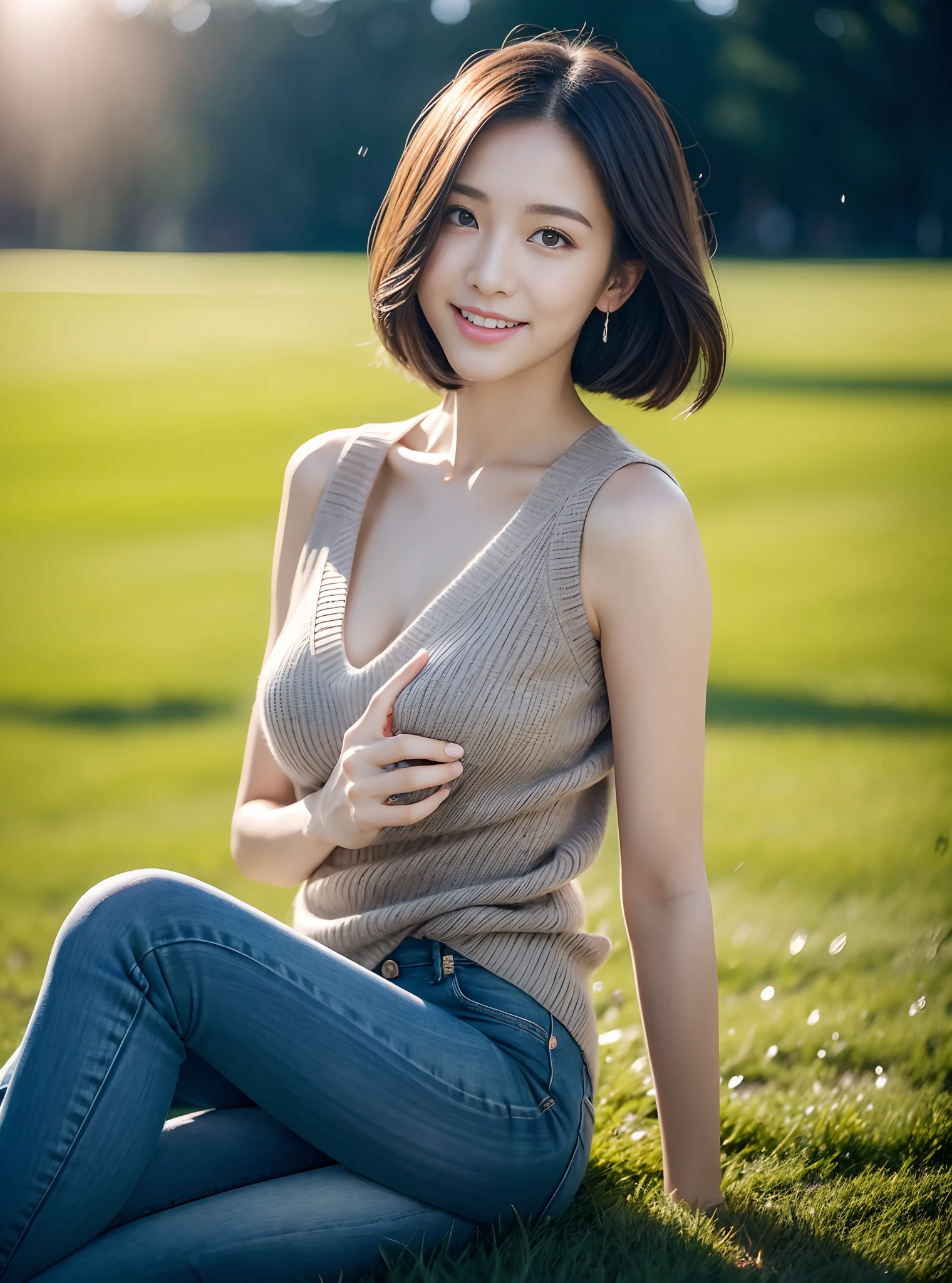 (rain, grassy fields: 1.3), 1 beautiful woman taking pictures on the grass，RAW photos，tmasterpiece，（highdetailskin：1.2），8k ultra high definition，digital SLR camera，gentlesoftlighting，high high quality，filmgrain，富士XT3，20 years old Asian woman，Dark gray skinny sweater（Slim，Fit snugly to the body，Show beautiful curves）and trendy jeans with open navels，Detailed clothing details:1.5，perfect body figure，Perfect breasts and nipple bulge，The calves are straight and slender，（（Branded fashion travel shoes:1.5）），Melon seed face，short detailed hair，Super detailed facial details and skin，Fair face and fair skin，二重まぶた，Super detailed eyes，A sweet smile，Beautiful accessories，detailed finger，(Gloss on lips, eyeslashes, Glossy face, Best quality, Super high resolution, warm color，Wide lighting, naturalshadow), Sit on the grass and play，Pose coquettishly，Show off your sexy figure， Full body shooting: 1.8