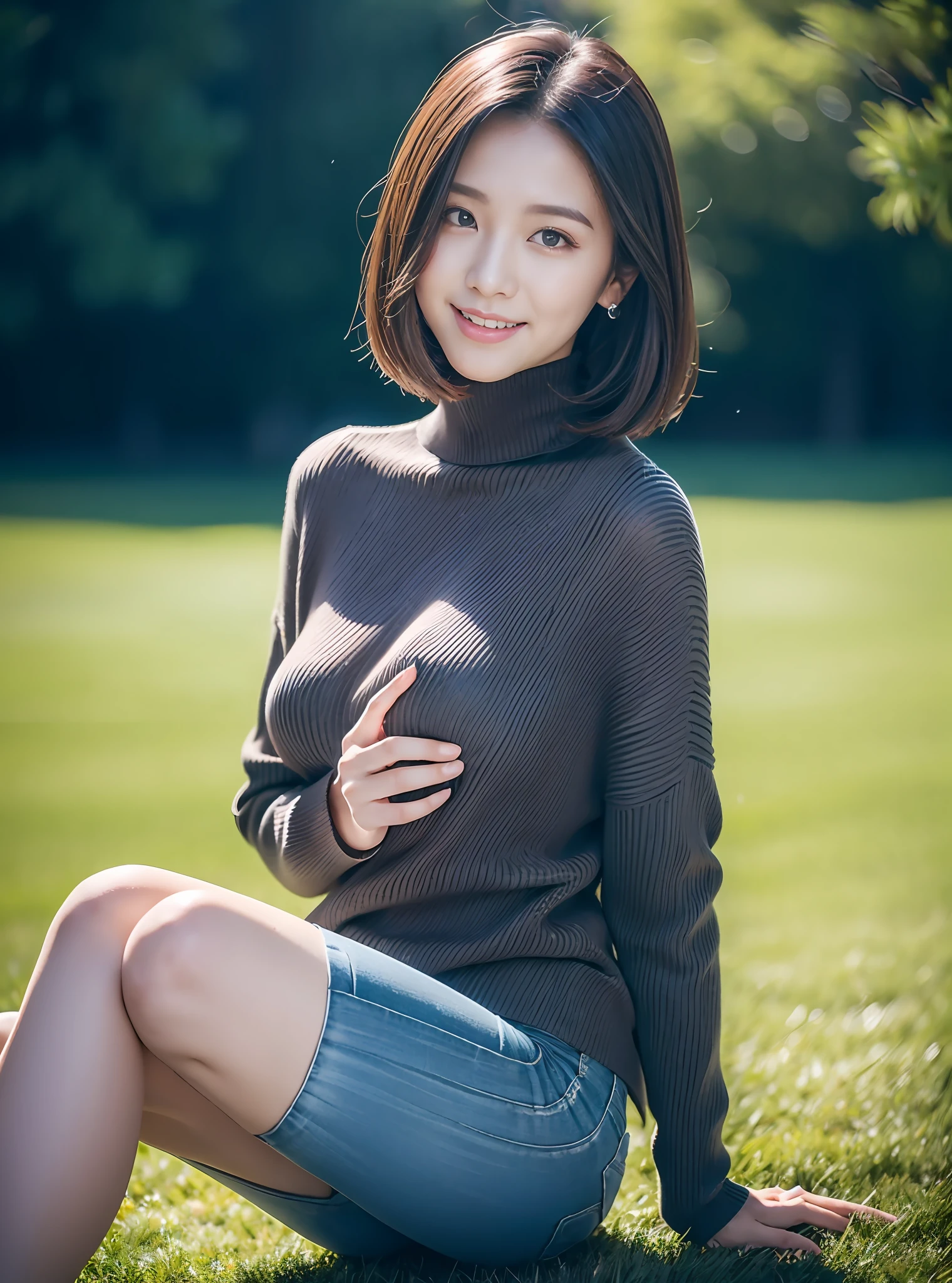 (rain, grassy fields: 1.3), 1 beautiful woman taking pictures on the grass,RAW photos,tmasterpiece,(highdetailskin:1.2),8k ultra high definition,digital SLR camera,gentlesoftlighting,high high quality,filmgrain,富士XT3,20 years old Asian woman,Dark gray skinny sweater(Slim,Fit snugly to the body,Show beautiful curves)and trendy jeans with open navels,Detailed clothing details:1.5,perfect body figure,Perfect breasts and nipple bulge,The calves are straight and slender,((Branded fashion travel shoes:1.5)),Melon seed face,short detailed hair,Super detailed facial details and skin,Fair face and fair skin,二重まぶた,Super detailed eyes,A sweet smile,Beautiful accessories,detailed finger,(Gloss on lips, eyeslashes, Glossy face, Best quality, Super high resolution, warm color,Wide lighting, naturalshadow), Sit on the grass and play,Pose coquettishly,Show off your sexy figure, Full body shooting: 1.8
