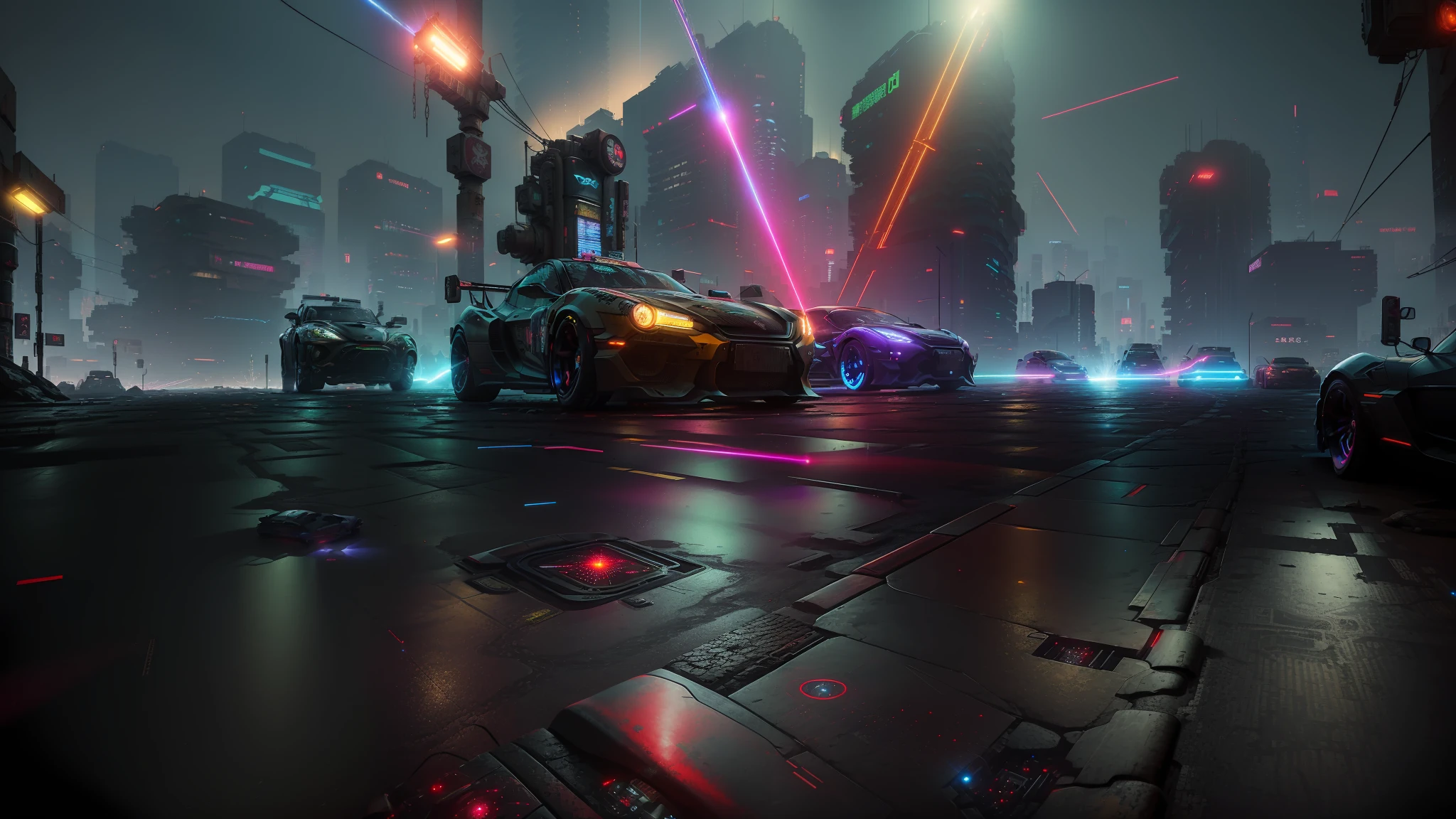 Ancient Battlefield, medium plan, City streets, dim lighting, Very gloomy picture layout, Extended Frames, Cyberpunk background, ((Ultra-realistic asphalt with super detailed textures)), (((Color lasers and spotlights))), (((Japanese-style cyberpunk cars ride on the viewer))), (((There are a lot of lasers in the background)))
