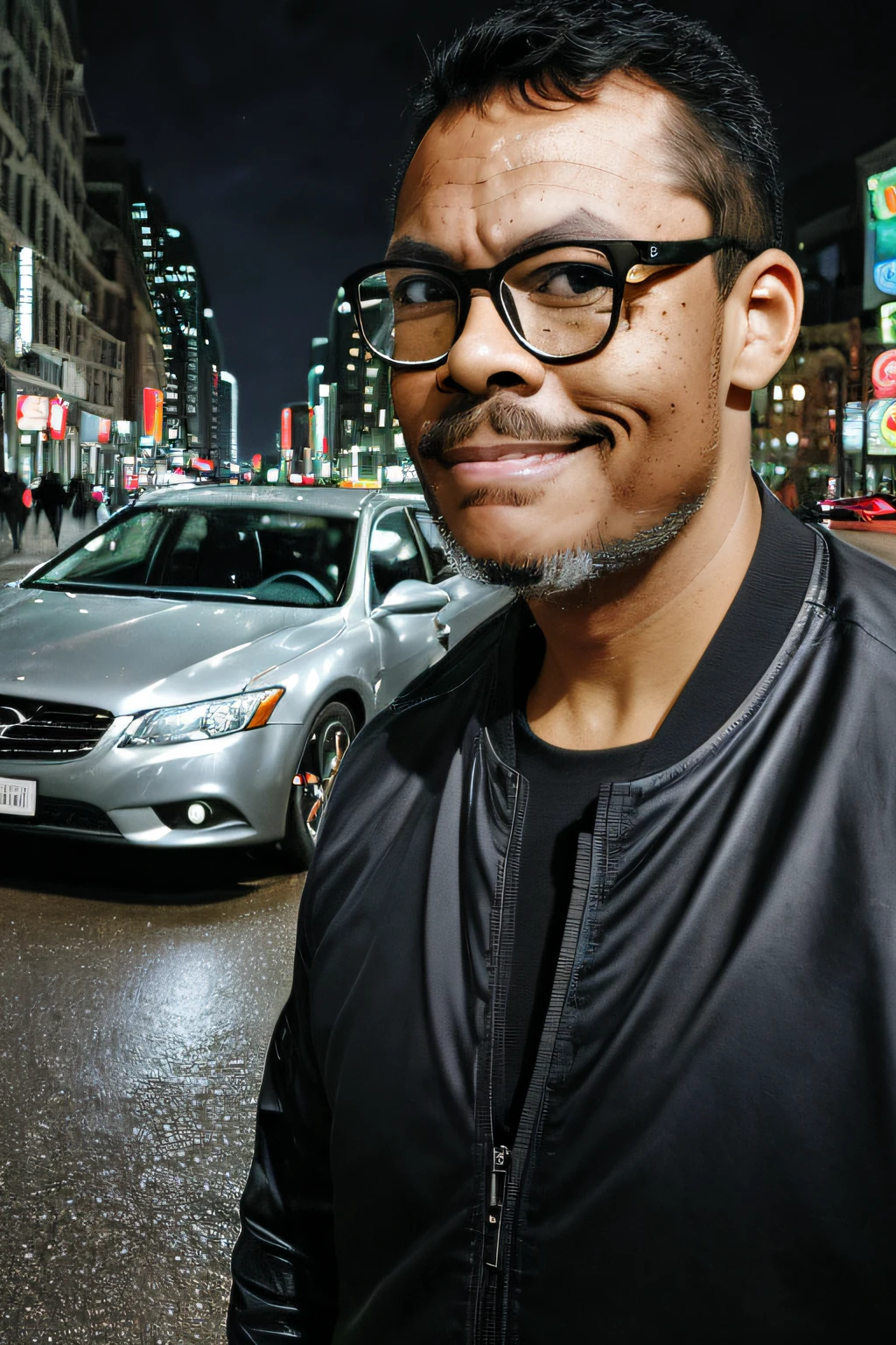 guttonerdvision10, a drawing of a bespectacled man wearing glasses, with a (hyper-detailed face:1.4), wearing black jacket, unzipped, posing next to his silver gray sedan car. Street, night, illuminated buildings, hyperrealistic background, (background blur:1.3). keep the proportions. art by Alex Ross, detailed, 8k