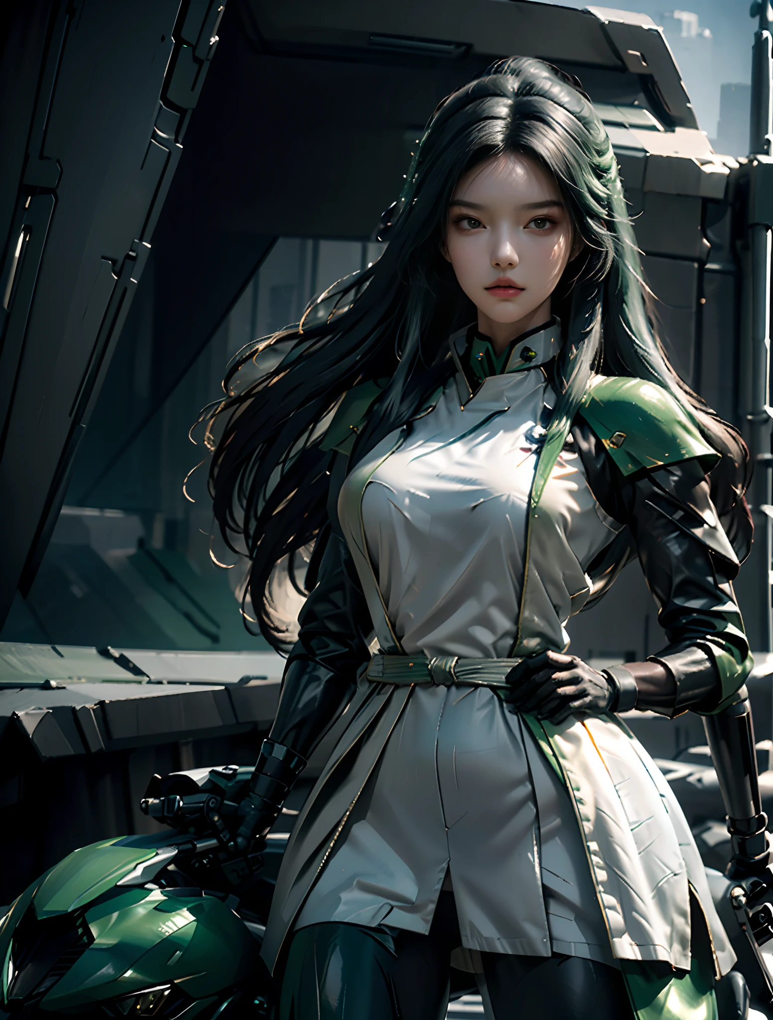Highest image quality, outstanding details, ultra-high resolution, (realism: 1.4), the best illustration, favor details, highly condensed 1girl, with a delicate and beautiful face, dressed in a black and green mecha, wearing a mecha helmet, holding a directional controller, riding on a motorcycle, the background is a high-tech lighting scene of the future city.