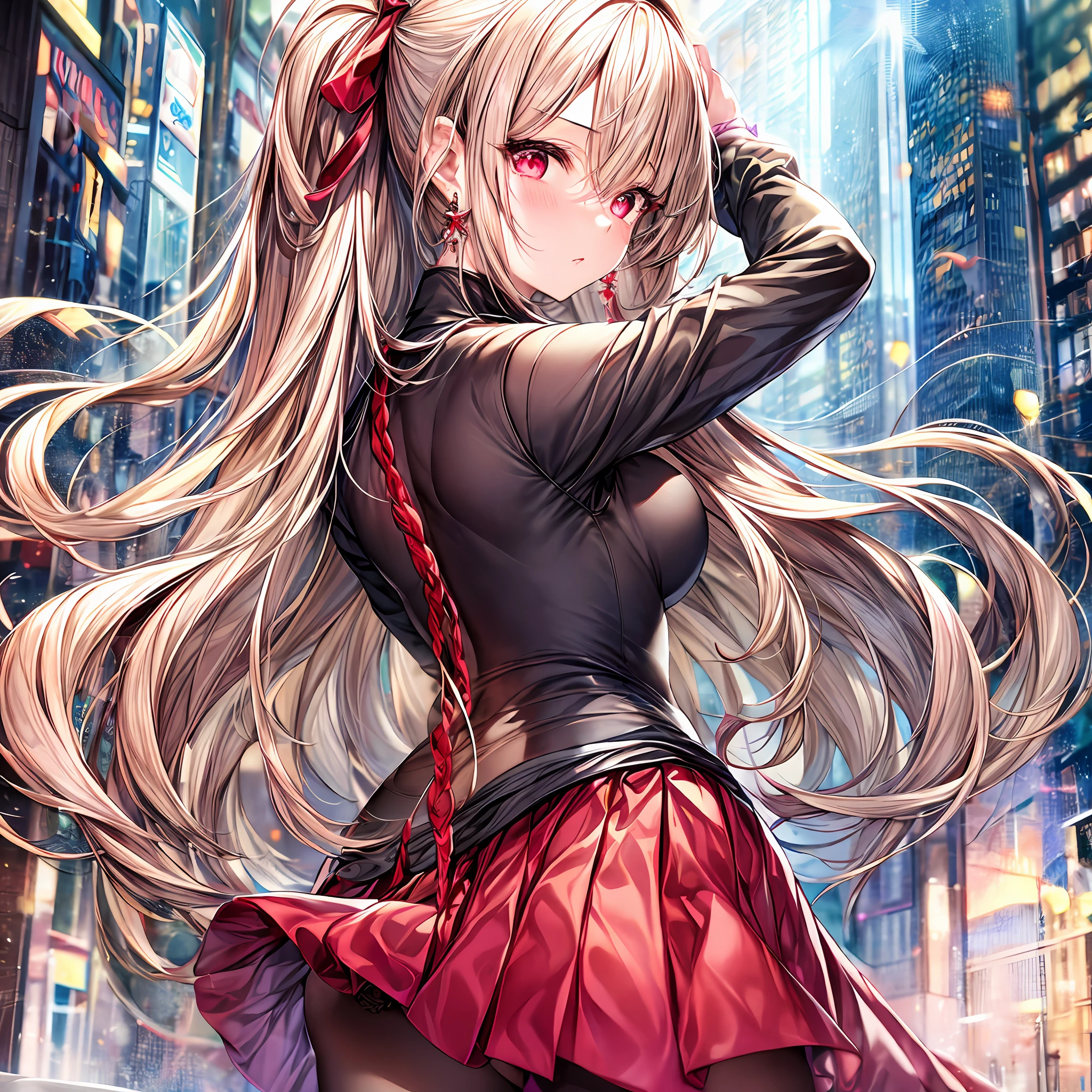 masutepiece, Best Quality,  masutepiece,Game CG,Best Shadow,Writing,dynamic ungle,Building Street,1girl in,Lady,between legs,Back view,Ultra realistic 8K, nffsw,Realistic,Best Quality,Ultra-detailed,Best Illustration,extremely delicate and beautiful,glowing earrings,Beautiful red eyes,Eyelashes,roundly eyes,jewelry eyes,Twinkle Eyes,.Glowing eyes,Sparkling eyes,.finely detail,Beautiful detailed girl,Wind,.Floating hair,Floating skirt,Slender face,lip stick,鎖骨,medium breasts,Riman,absurdly long hair,Delicate beautiful face,half updo / Upstyle,Pale Pink Gradient Hair,Shiny hair), Shiny skin,Red skin,Hair in one eye,Cardigan,White tight blouse,Light red inner hair,Surprised,Very long skirt with pleats,,Skirt Roll Up,Black fishnet stockings,Girdle tights,embarrassed,Troubled face,