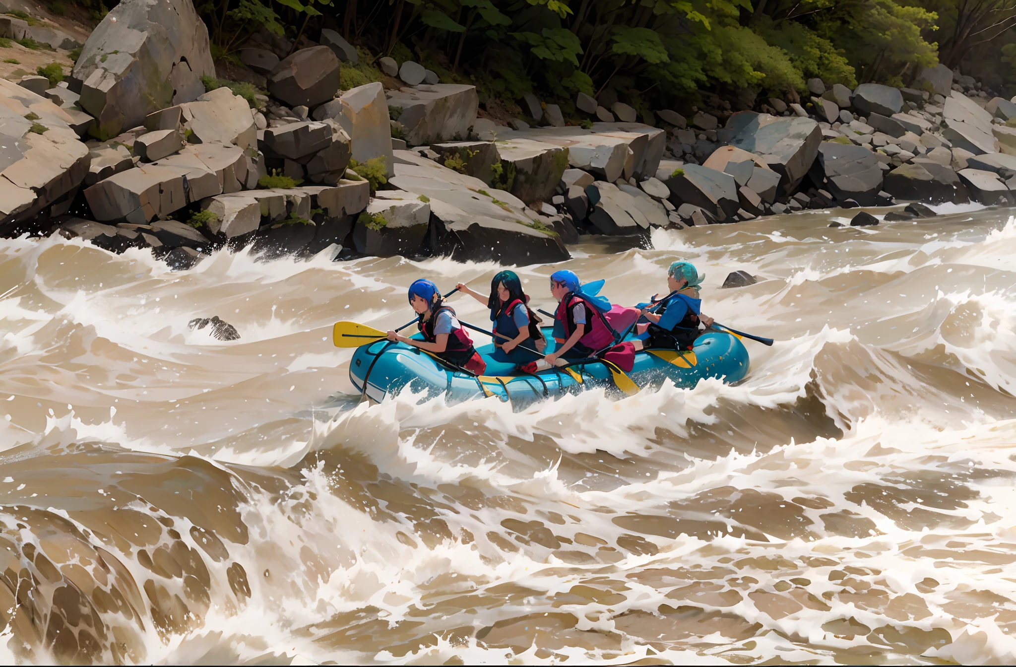 digital ilustration, Alto detalle, colores vivos, altos brillos y contrastes, of several people rafting down the river on a raft, Whitewater rapids, River rapids, aguas bravas, catarata, Massif River, mirada intensa, intenso, rio detallado, rio color azul brillante, agua color azul, colores vibrantes, al fondo se ve la orilla del rio llena de rocas, canotaje extremo, personas detalladas