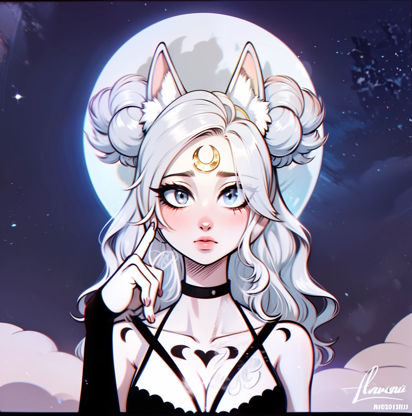 (Anthropomorphic wolf cute cub) orelhas de lobo,com jaqueta preta, olhos azul e branco , heterocromia nos olhos ,cabelo platinado cacheados com pontas roxas,bad girl, Moon birthmark on forehead 🌕🌙, Hibrido,jovem, retrato, busto, postura de frente para a camera, Cartoon, vestido como  uma vesater roqueira metaleira dos anos 80 obra prima, postura de confiante, youtuber, fleshy lips , piercings no nariz e nas orelhas de lobo, tatuagens pelo corpo, tattoo de lua 🌙 acima dos seios,asas de anjo negro nas costas, and dark purple necklace on neck, Hand with drag glove