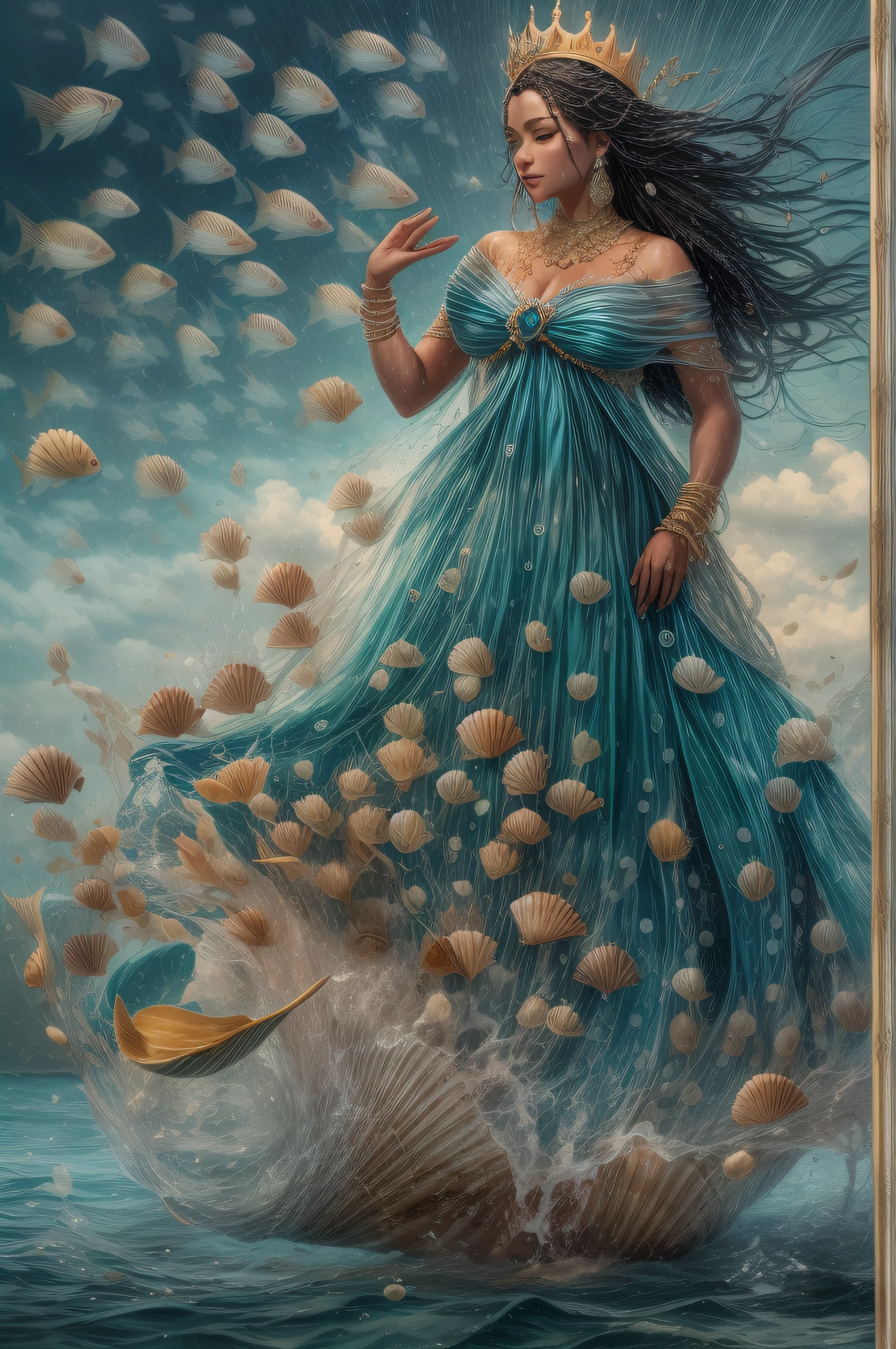 Yemanja, A Rainha do Mar, walking on the waters of a rough sea;, wearing a dress characteristic of Yemanja, water droplets in the atmosphere, nascer do sol ao fundo, Image framed by orchids of various colors. Image with resolution of at least 300dpi,  vestido azul e longos cabelos pretos, sometimes with fish ornaments and shells, since she is the queen of the sea.