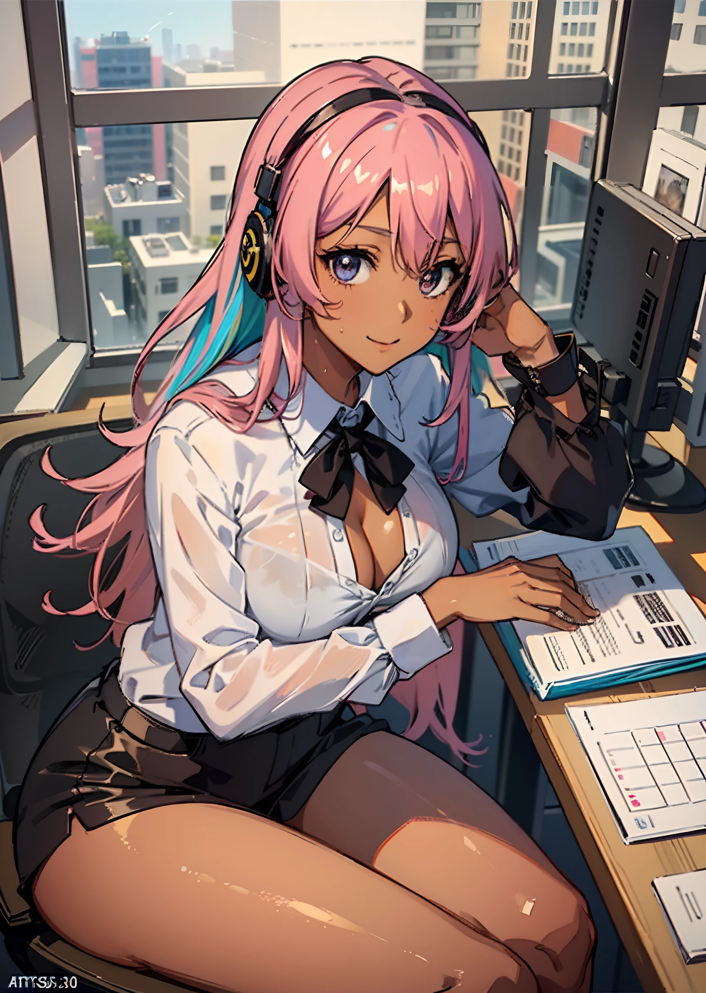 ((((Representative work 3.0、top-quality、sleepy expression、Wearing a suit 4.0、Blouse、Sit in a chair and type on your desk keyboard、In the office of the company、Brown skin、Pink hair 3.0、dynamic pose1.5、large full breasts、Brown skin color、A pink-haired、Wearing sweat、ssmile、)))((()))、Long body、(((((、long legged))))),((((darkskin)))),((sun burn)),Whole human body、(((Shyness)))、Realistic skin type、an anime girl、Detailed Digital Anime Art、extremely detailed art germ、a hyperrealistic schoolgirl、Ilyakukvshinov、Smooth Anime CG Art、Ultra Realistic Woman、ig model、ArtGerm、Photorealistic anime girl rendering、digital anime art
