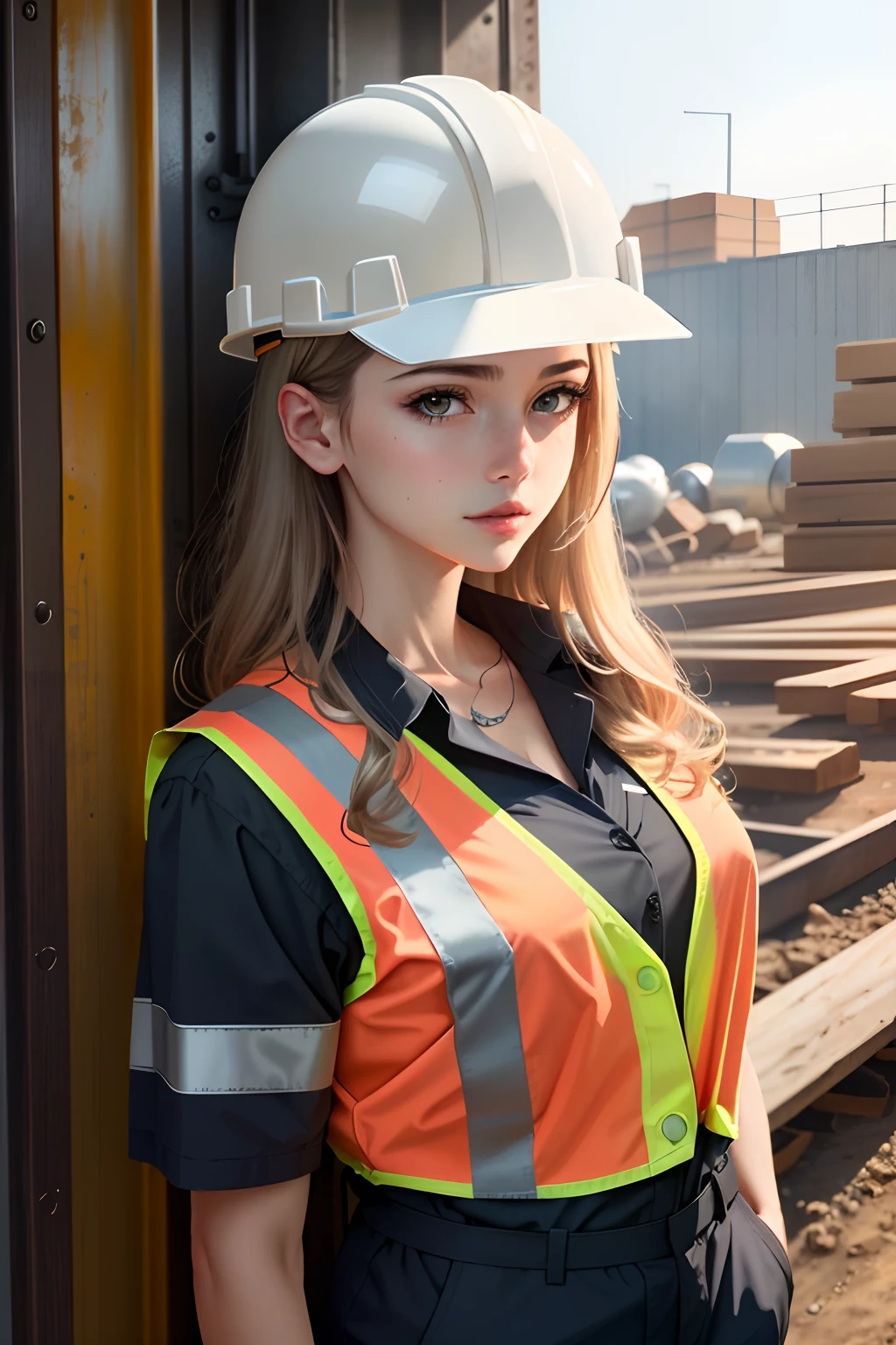 masterpiece, best quality, ultra-detailed, illustration, portrait, 1girl, solo, shiny, reflective, brim, work suit, toned body, detailed, construction site, black, red, silver, metallic, protective equipment, hardhat, safety vest, safety culture, industrial fashion,
