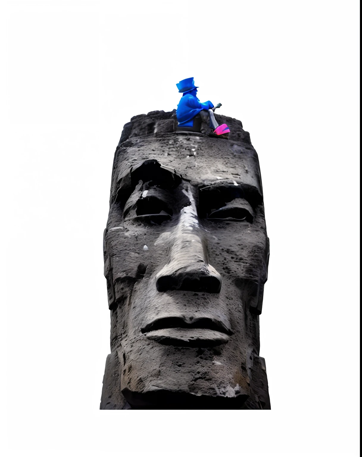 There is a statue of a man with a blue hat on top of it, Statue of Moai giving a TED talk, Moai, Hziulquoigmnzhah, the wise man is riding on top, giant statues of Moai, meme do reddit, Sofubi, totem 2, pensador, Gonzo, stone statue, black rock statue material