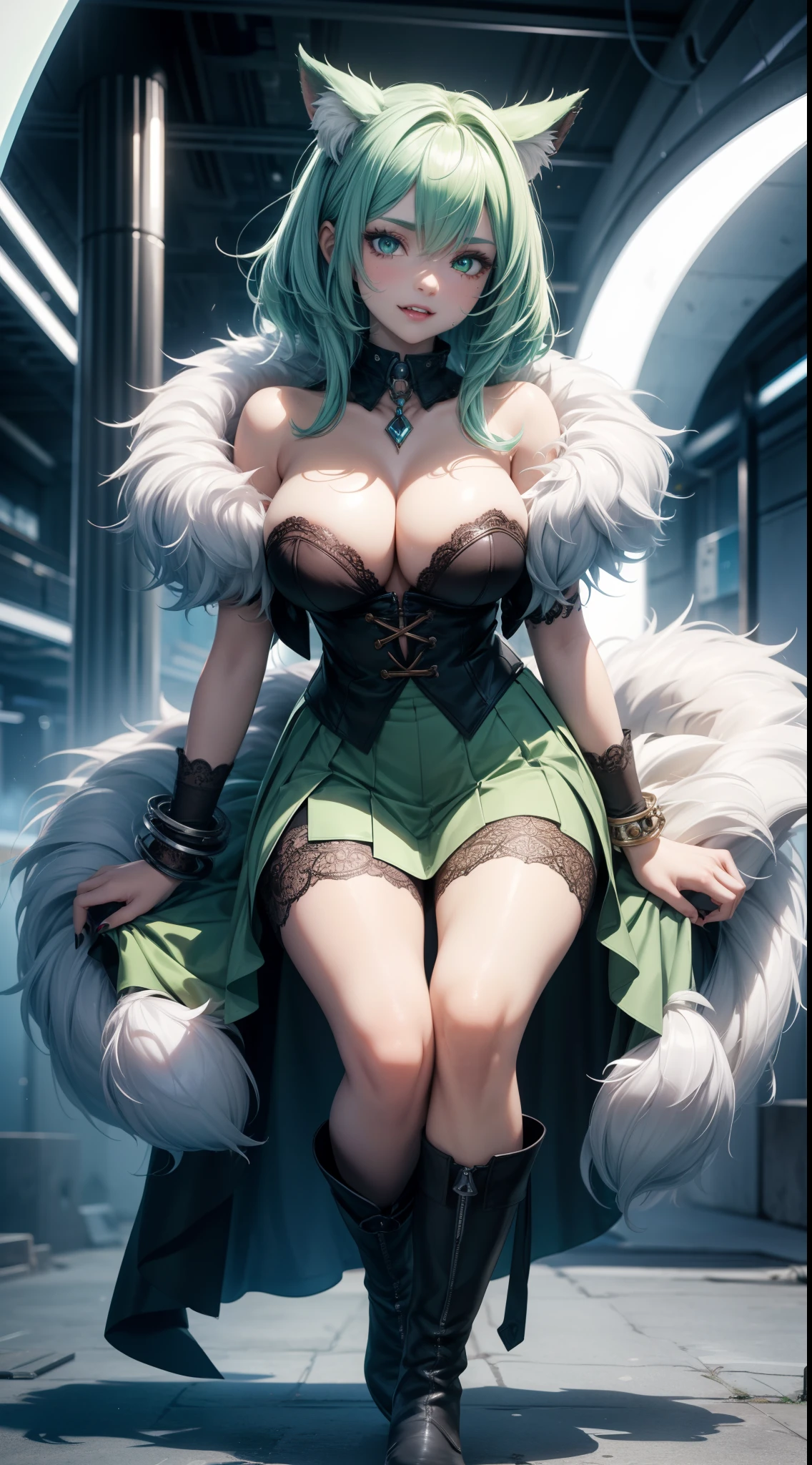 werewolf girl, ((fluffy skin)), paws on foots, fluffy fur on body, ((fangs)), ((claws)), huge metal bracelets, huge metal collar, high over-the-knee boots, light green extremely_detailed_(lacy, fur, silk, satin)_(clothing, skirt), detailed face, detailed beautiful shiny eyes, slit pupils, metallic reflections, futuristic city square, (tatooed, marked)_fit_muscular_body, (((1girl))), portrait, (full body), natural breasts, medium length hair, masterpiece, best quality, beautiful and aesthetic:1.2, fractal art:1.4, 16K, HDR, RTX, Ray Tracing, Radiosity, Anisotropic Filtering, Subsurface Scattering