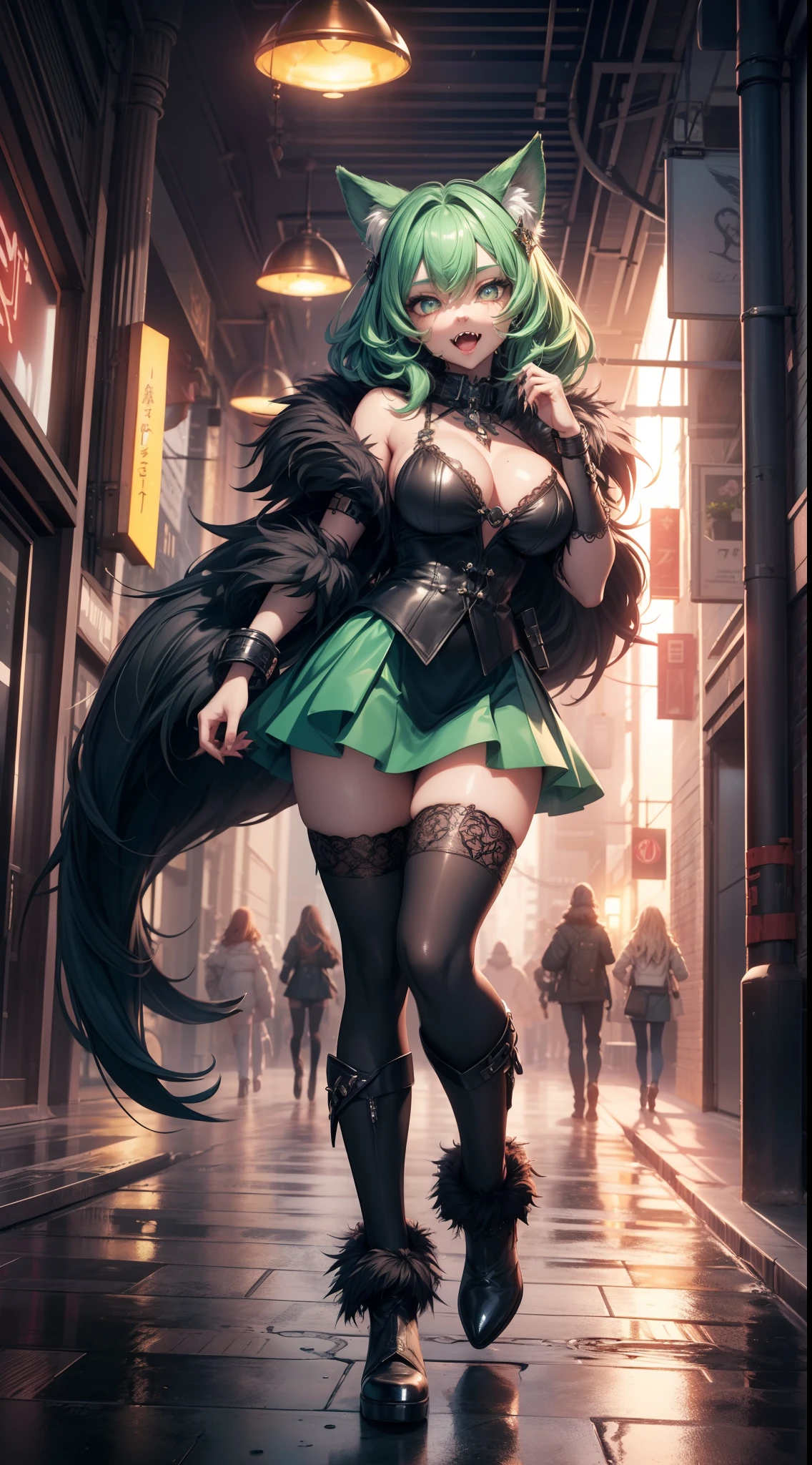 werewolf girl, ((fluffy skin)), paws on foots, fluffy fur on body, ((fangs)), ((claws)), huge metal bracelets, huge metal collar, high over-the-knee boots, light green extremely_detailed_(lacy, fur, silk, satin)_(clothing, skirt), detailed face, detailed beautiful shiny eyes, slit pupils, metallic reflections, futuristic city square, (tatooed, marked)_fit_muscular_body, (((1girl))), portrait, (full body), natural breasts, medium length hair, masterpiece, best quality, beautiful and aesthetic:1.2, fractal art:1.4, 16K, HDR, RTX, Ray Tracing, Radiosity, Anisotropic Filtering, Subsurface Scattering