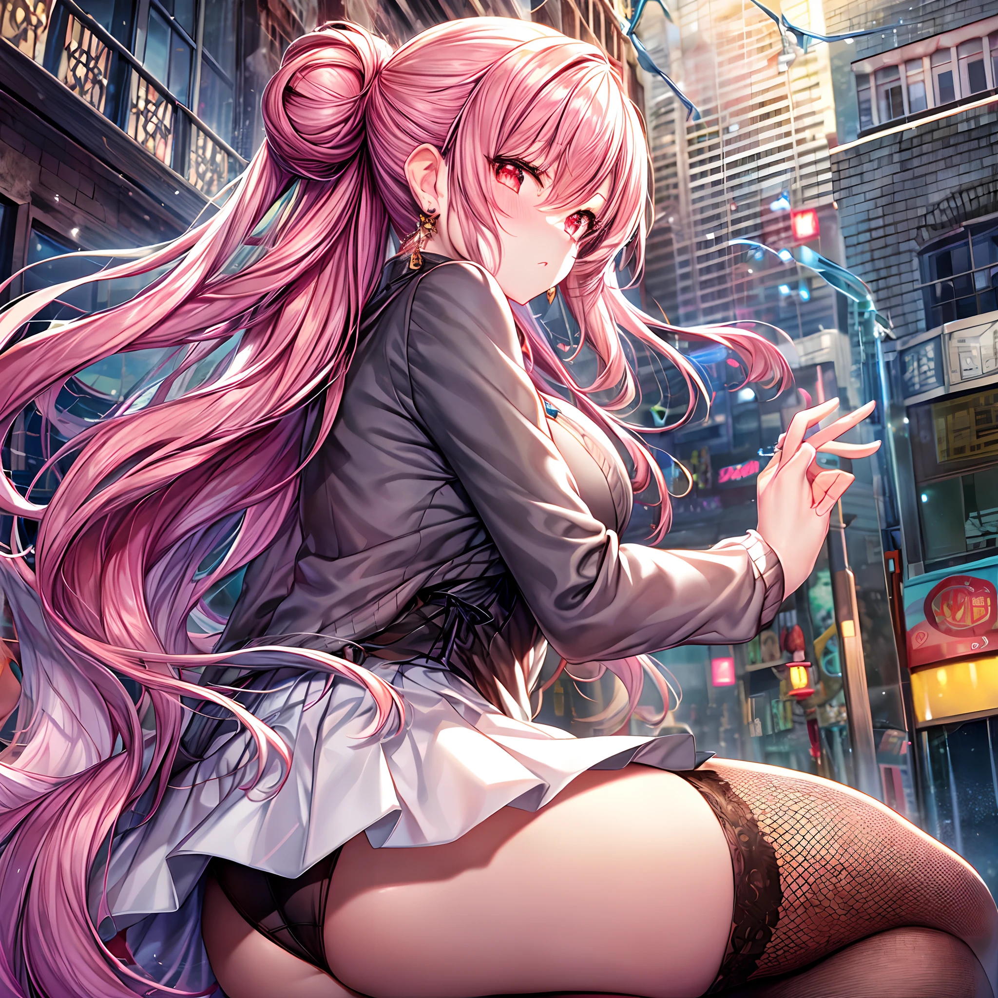 masutepiece, Best Quality,  masutepiece,Game CG,Best Shadow,Writing,dynamic ungle,Building Street,1girl in,Lady,between legs,Back view,Ultra realistic 8K, nffsw,Realistic,Best Quality,Ultra-detailed,Best Illustration,extremely delicate and beautiful,glowing earrings,Beautiful red eyes,Eyelashes,roundly eyes,jewelry eyes,Twinkle Eyes,.Glowing eyes,Sparkling eyes,.finely detail,Beautiful detailed girl,Wind,.Floating hair,Floating skirt,Slender face,lip stick,鎖骨,medium breasts,Riman,absurdly long hair,Delicate beautiful face,half updo / Upstyle,Pale Pink Gradient Hair,Shiny hair), Shiny skin,Red skin,Hair in one eye,Cardigan,White tight blouse,Light red inner hair,Surprised,Very long skirt with pleats,,Skirt Roll Up,Black fishnet stockings,Girdle tights,embarrassed,Troubled face,