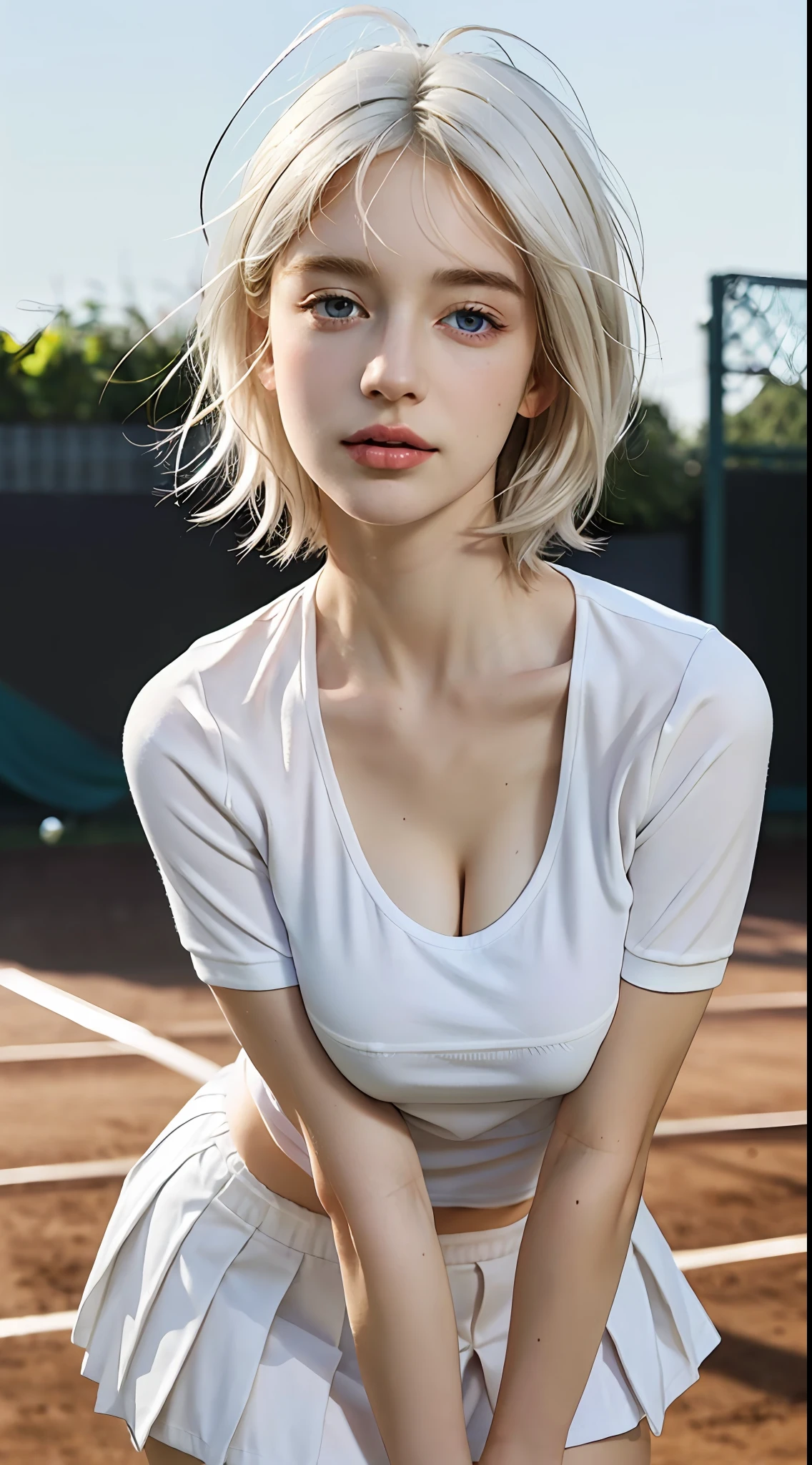 1girl, solo, white polo shirt, white sneakers, tennis wear, white miniskirt, masterpiece, best quality, realistic, hyper-detailed, (shiny skin), absurd, looking at viewer, (realistic white hair), short white hair, purple eyes, slender, dynamic lighting, high resolution, sharp focus, depth of field, detailed eyes, sharp pupils, realistic pupils, (average breasts:1.6), (thick thighs:1.0), outdoor, sky