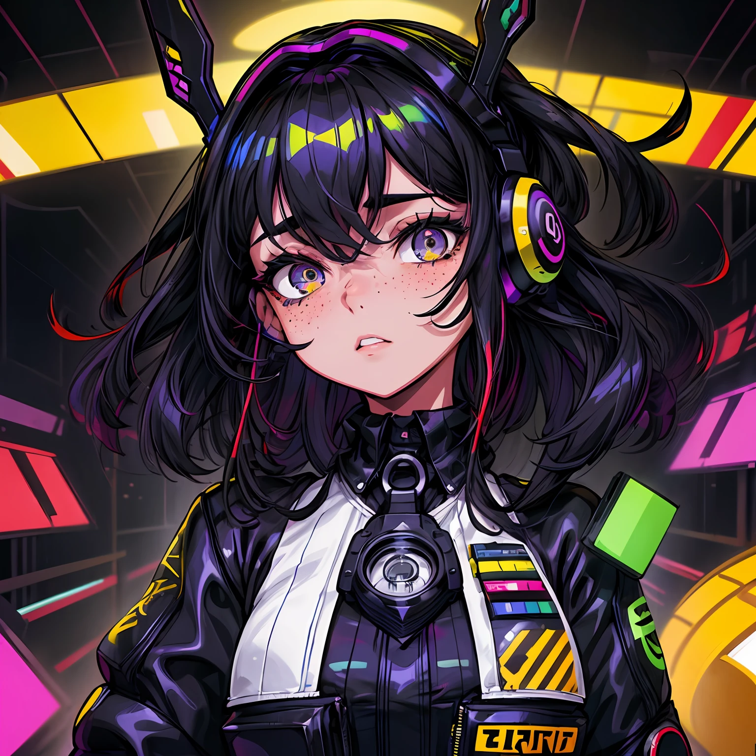 (master part, best quality, extremamente detalhado:1.5) INTERVALO 1girl, foco apenas, A girl with black eyes medium black hair curly waves, sardas e covinhas no rosto, large eyelashes, Gamer headset around the neck, Details and neon lights around and sparks, rosto malvado cabelo com curvas, garota DJ, cara de brava, various freckles, moletom preto design desenho legal, garota gamer