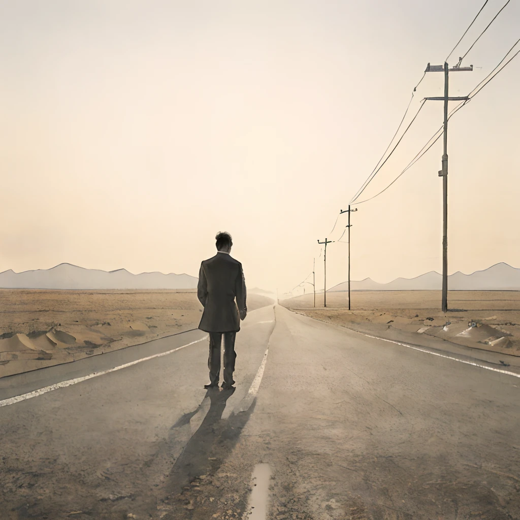 A lonely man standing on an empty deserted road.