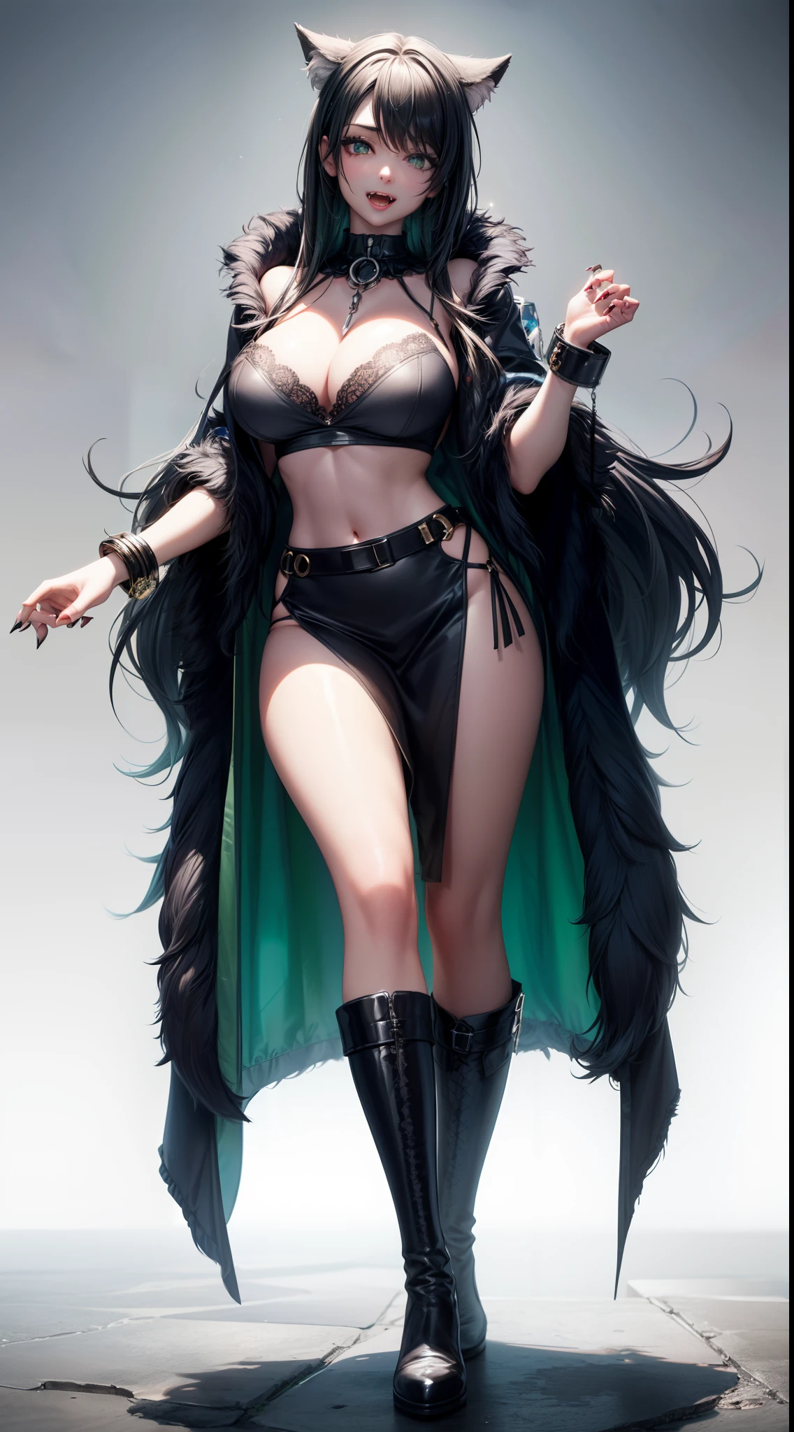 werewolf girl, ((fluffy skin)), paws on foots, fluffy fur on body, ((fangs)), ((claws)), crop shirt, cleavage, huge metal bracelets, huge metal collar, high over-the-knee boots, light green extremely_detailed_(lacy, fur, silk, satin)_(clothing, skirt), detailed face, detailed beautiful shiny eyes, slit pupils, metallic reflections, futuristic city square, (tatooed, marked)_fit_muscular_body, (((1girl))), portrait, (full body), natural breasts, medium length hair, masterpiece, best quality, beautiful and aesthetic:1.2, fractal art:1.4, 16K, HDR, RTX, Ray Tracing, Radiosity, Anisotropic Filtering, Subsurface Scattering