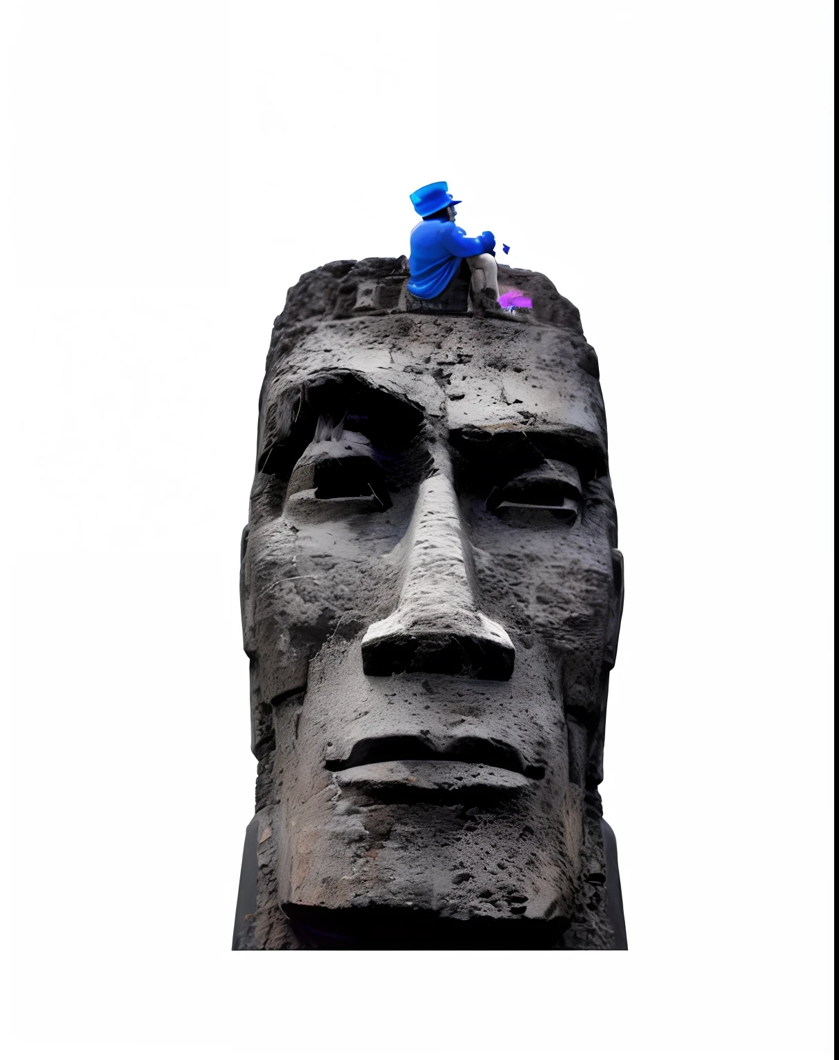 There is a statue of a man with a blue hat on top of it, Statue of Moai giving a TED talk, Moai, Hziulquoigmnzhah, the wise man is riding on top, giant statues of Moai, meme do reddit, Sofubi, totem 2, pensador, Gonzo, stone statue, black rock statue material