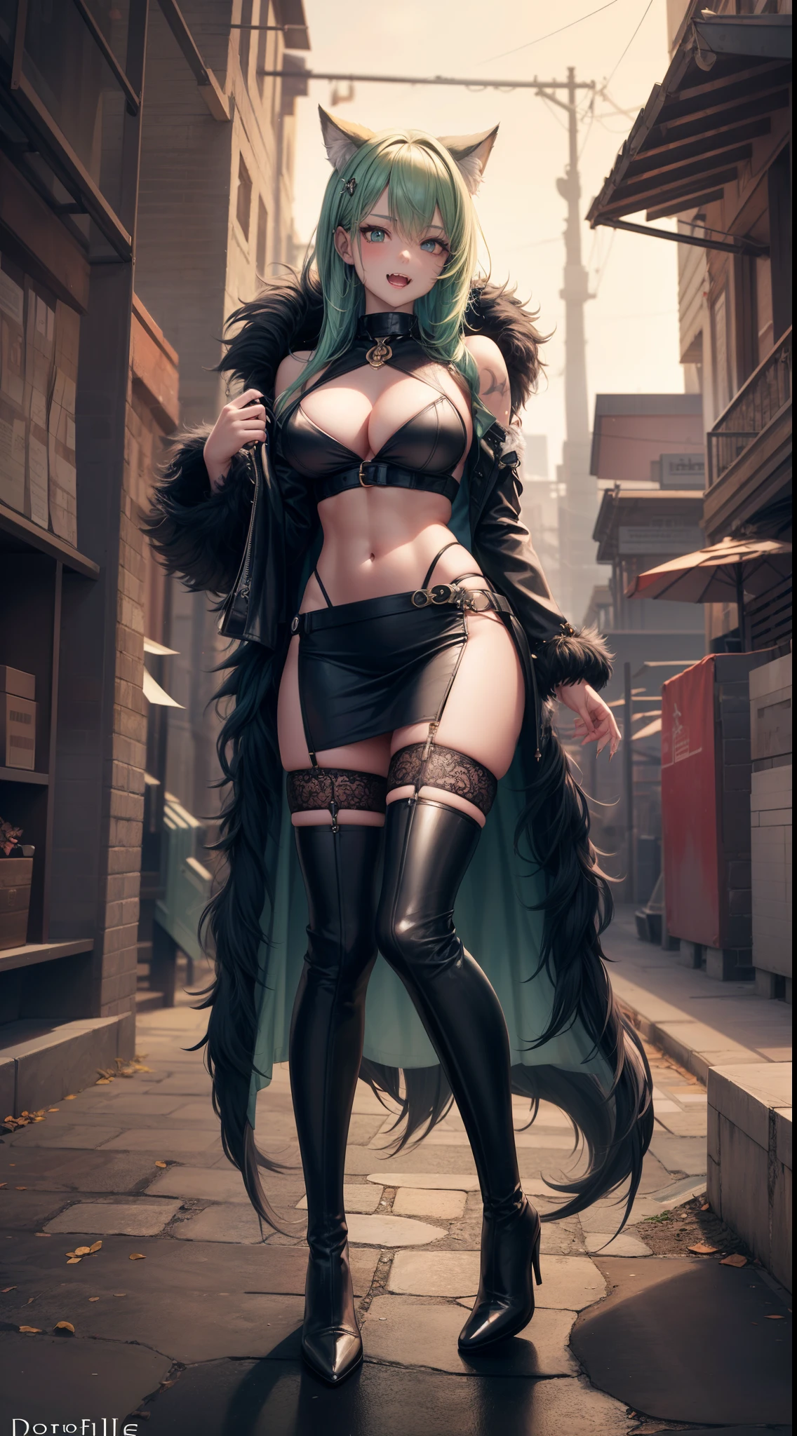 werewolf girl, ((fluffy skin)), paws on foots, fluffy fur on body, ((fangs)), ((claws)), crop top, decolette, huge metal bracelets, huge metal collar, high over-the-knee boots, light green extremely_detailed_(lacy, fur, silk, satin)_(clothing, skirt), detailed face, detailed beautiful shiny eyes, slit pupils, metallic reflections, futuristic city square, (tatooed, marked)_fit_muscular_body, (((1girl))), portrait, (full body), natural breasts, medium length hair, masterpiece, best quality, beautiful and aesthetic:1.2, fractal art:1.4, 16K, HDR, RTX, Ray Tracing, Radiosity, Anisotropic Filtering, Subsurface Scattering