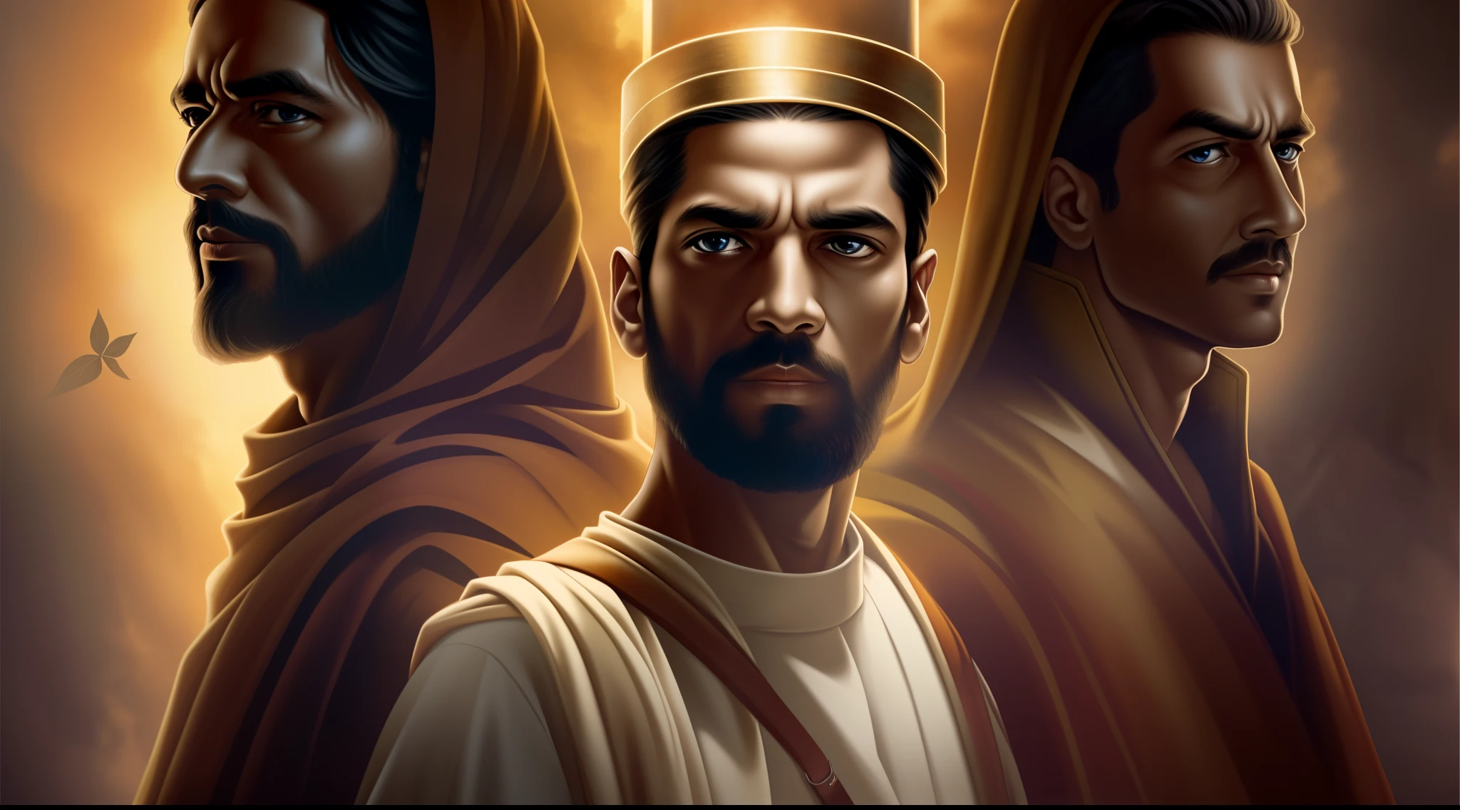 Image of the three prophets Shadrach, Meshach and Abednego, (face focus: 1.2), out of it, Looking at the Viewer, realistic, masterpiece, very high quality, dark castle background, (Lens flare: 1.1), (blossom: 1.1) ), (Chromatic Aberration:1.1), Director: Jeremy Lipking, Director: Anthony J. Manzanedo