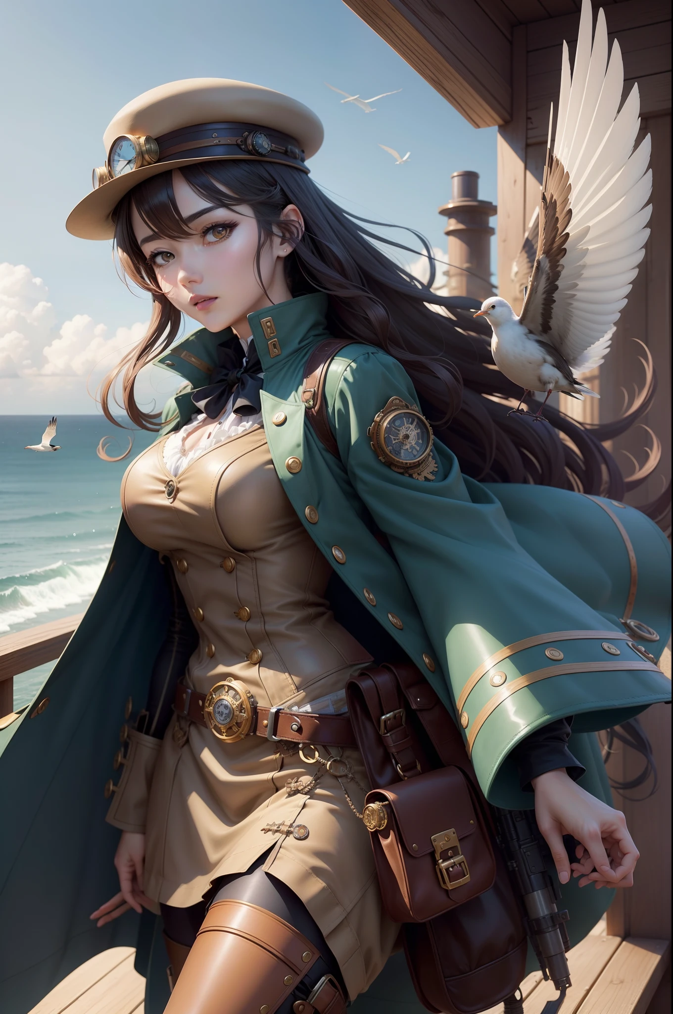 Anime style、Pretty Woman、Steampunk style costumes、Lots of gear and chronometers are decorated、deck、Upper air、You can see the sea surface、A bird's-eye view of people、Drawn in detail、Smooth depiction、Detailed depiction、Steampunk-style portable gun、Stretched piping and gears、Big engine、Flying in the sky、seagull、Sky blue leather coat、