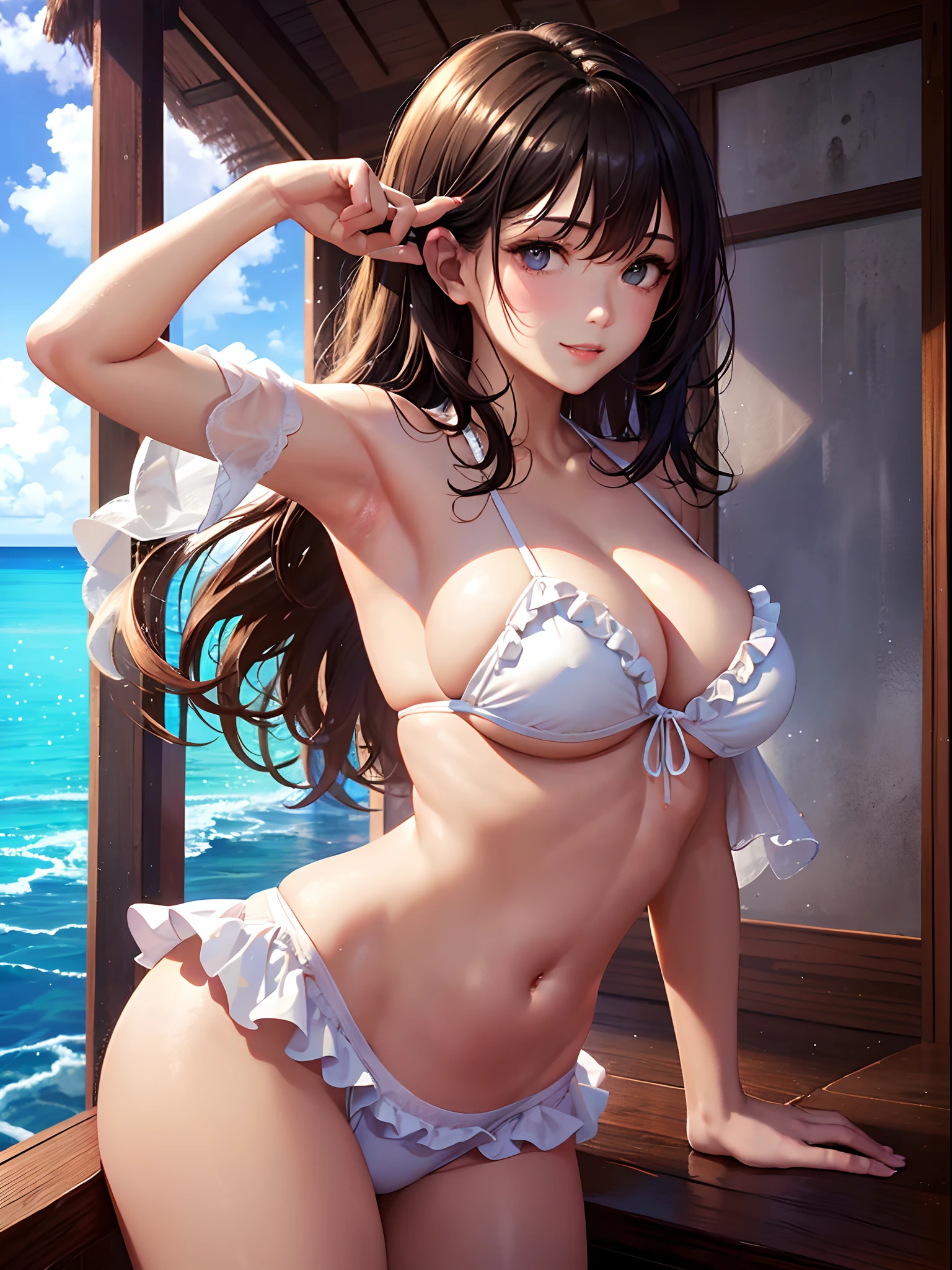 (top-quality: 1.3), (​masterpiece: 1.3), (The ultra-detailliert: 1.3), (wall-paper, one girls: 1.1)、(Detailed hands and fingers:1.2)、(Detailed ultra-oily shiny skin:1.1)、oily shiny thighhigh、(Beautiful white bikini with ruffle trim:1.2)、(Brown hair:1.2)、Longhaire、Medium Hair、ssmile、(Beautiful Large Breasts:1.3)、Beautiful sister、(Resorts:1.3)、Maldives、(Beautiful light blue water surface:1.2)、No waves、Overwater Bungalow、sexypose、Dancing