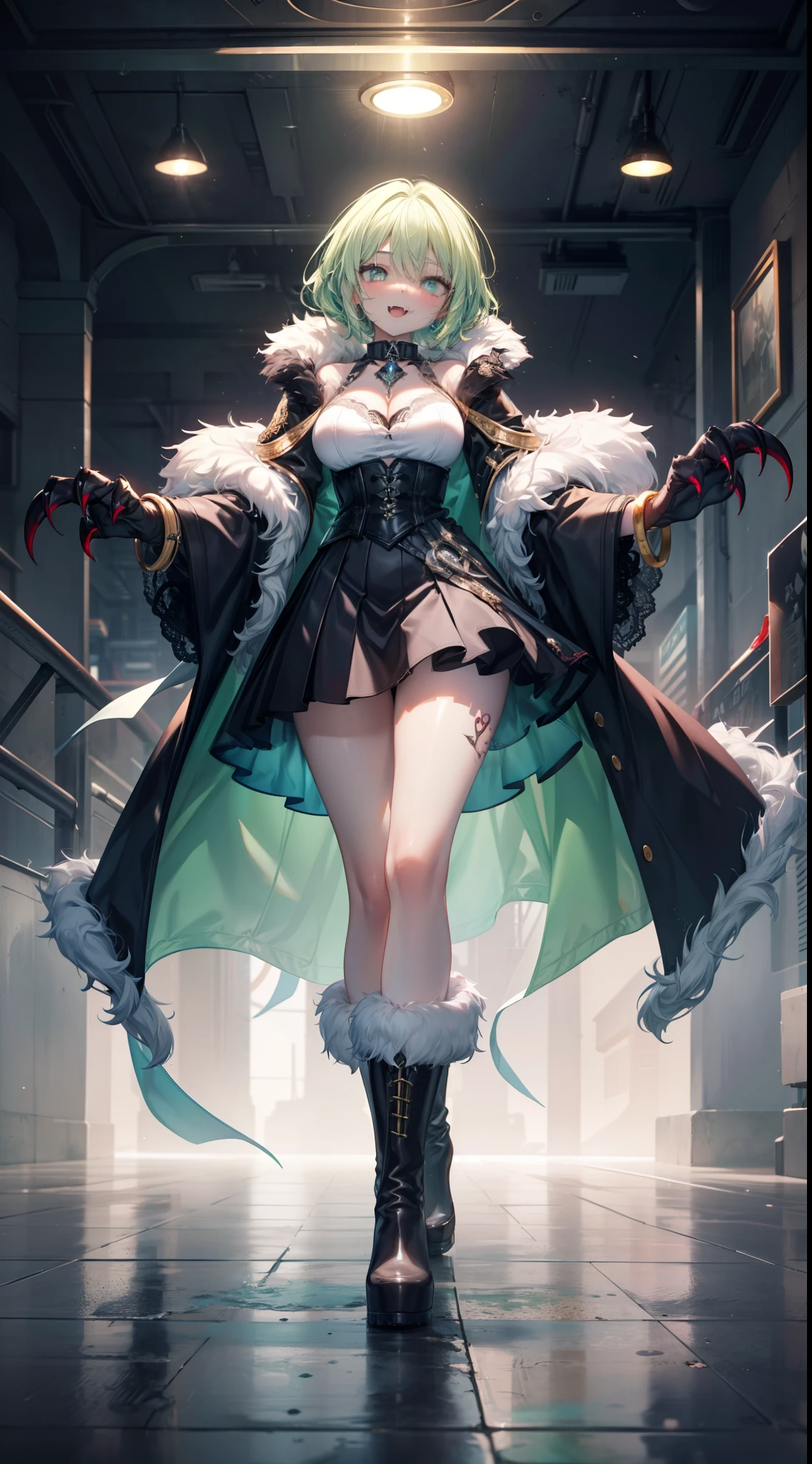 werewolf girl, ((fluffy skin)), paws on foots, fluffy fur on body, ((fangs)), ((claws)), huge metal bracelets, huge metal collar, high over-the-knee boots, light green extremely_detailed_(lacy, fur, silk, satin)_(clothing, skirt), detailed face, detailed beautiful shiny eyes, slit pupils, metallic reflections, futuristic city square, (tatooed, marked)_fit_muscular_body, (((1girl))), portrait, (full body), natural breasts, medium length hair, masterpiece, best quality, beautiful and aesthetic:1.2, fractal art:1.4, 16K, HDR, RTX, Ray Tracing, Radiosity, Anisotropic Filtering, Subsurface Scattering
