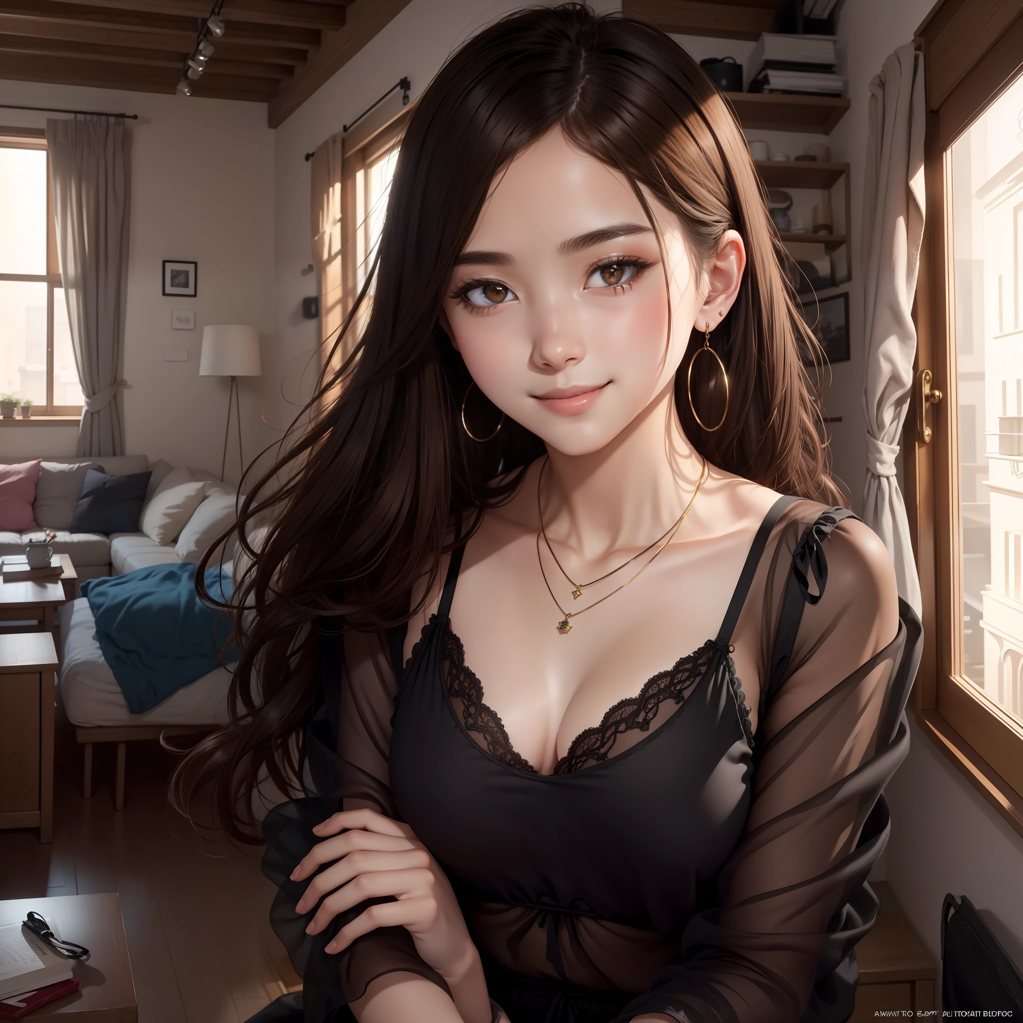 masterpiece, masterpiece, top quality, best quality, real, unity, 8k wallpaper, official art, highly detailed CG Unity 8k wallpaper, ulzzang-6500, (Original: 1.2), (Real: 1.4), ultra detail, high resolution, super detail, amazing, fine detail, movie lighting,
(1 Girl:1.4), (Brown|Black Hair:1.4), Medium Hair, (Realistic Skin:1.2), (Light Brown Skin:1.2),(Small), Beautiful Girl with Beautiful Details, Highly Detailed Eyes and Face, Eyes with Beautiful Details, Huge File Size, Super Detailed and Beautiful, Blush, Embarrassing,(Smile:1.2), Black Eyes, Model Shooting Style, Full Body Shooting, ( random color lace underwear), earrings, chain necklace, loft apartment, living room, (almost empty room), --auto