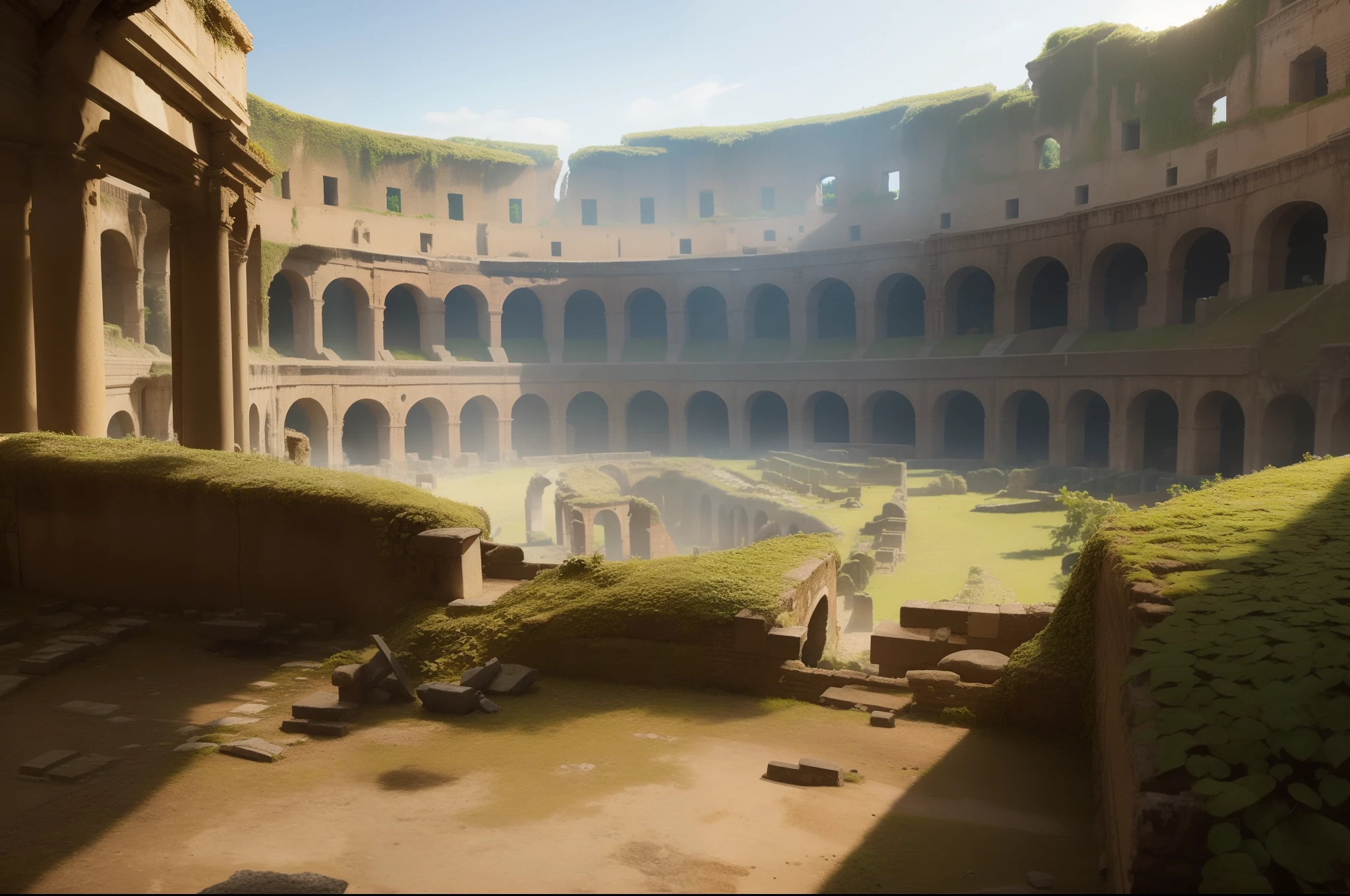 A Roman city in ruins, debris, Colosseum like arena in ruins, plants and moss growing on the ruins, a stray dog wandering around. Backview of Roman legionary looking at the ruins. Illuminated by natural sunlight. Highly detailed. Ray traicing.