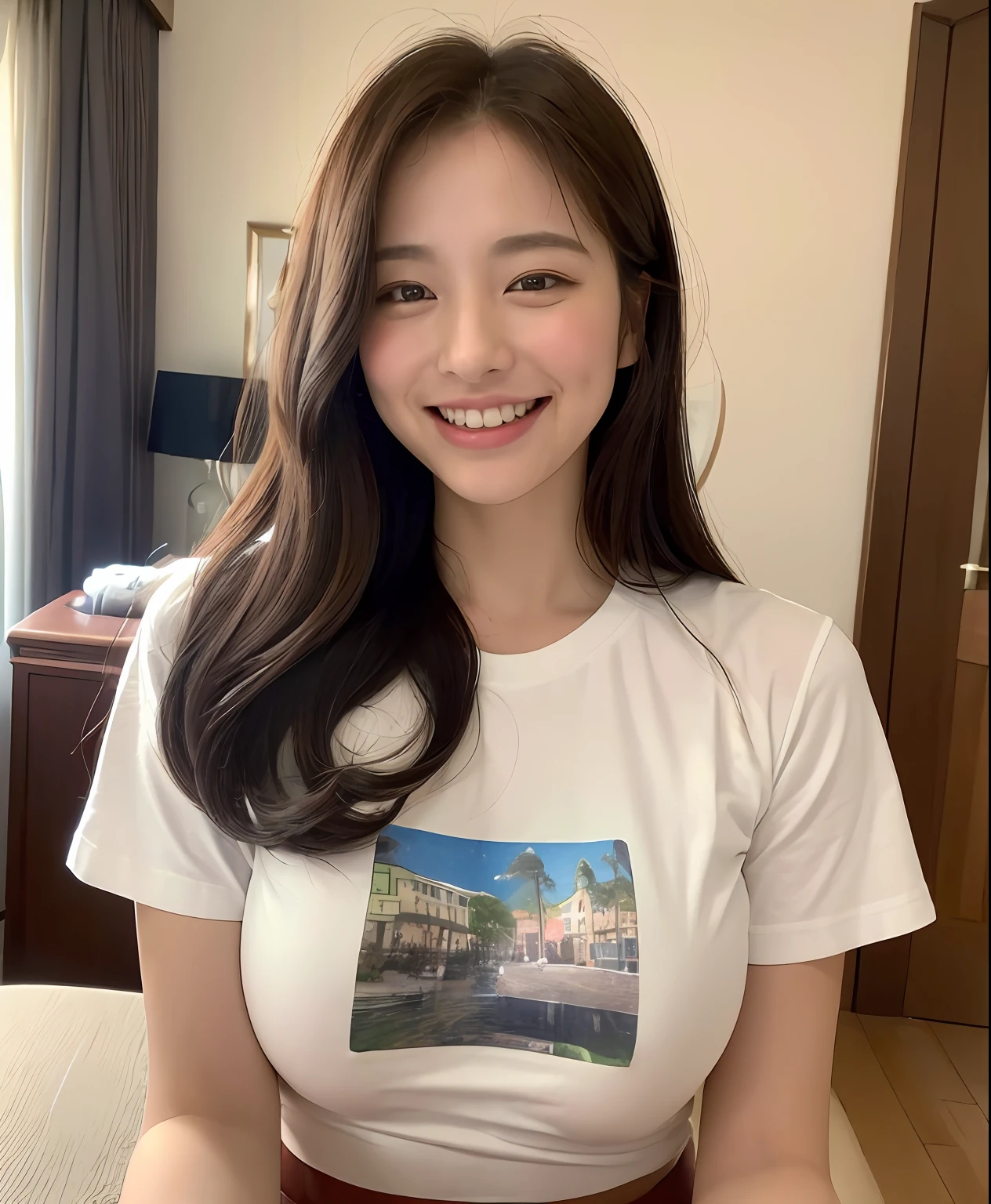((top-quality、8K、masterpiece:1.3))、1girl in、Beautiful woman with plump abs emphasized:1.3、(The long-haired、Colossal tits:1.2)、Reading at the hotel、Super delicate face、wholesome、二重まぶた、A smile that showed teeth、Random Color T-Shirt、Looking at the camera、Big smile、Look here、Look at me with your eyes wide open、Cozy feeling、Have a book、tshirts