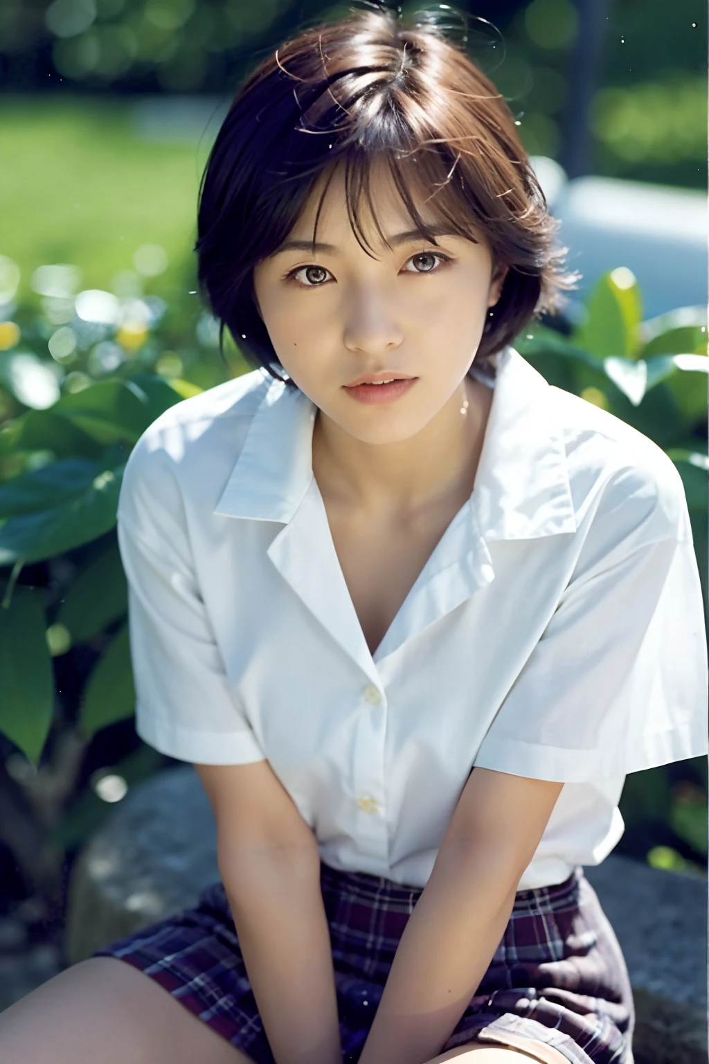 Close-up of a person sitting on a rock near a bush, Yuka Kazami, eiko ishioka, Shiori Teshirogi, Ayaka, Rinko Kawaichi, lain iwakura, mariko mori, Kiyoko Suzuki, Kazue Kato, With short hair, Aya Takano, Chiho Ashima, Fubuki