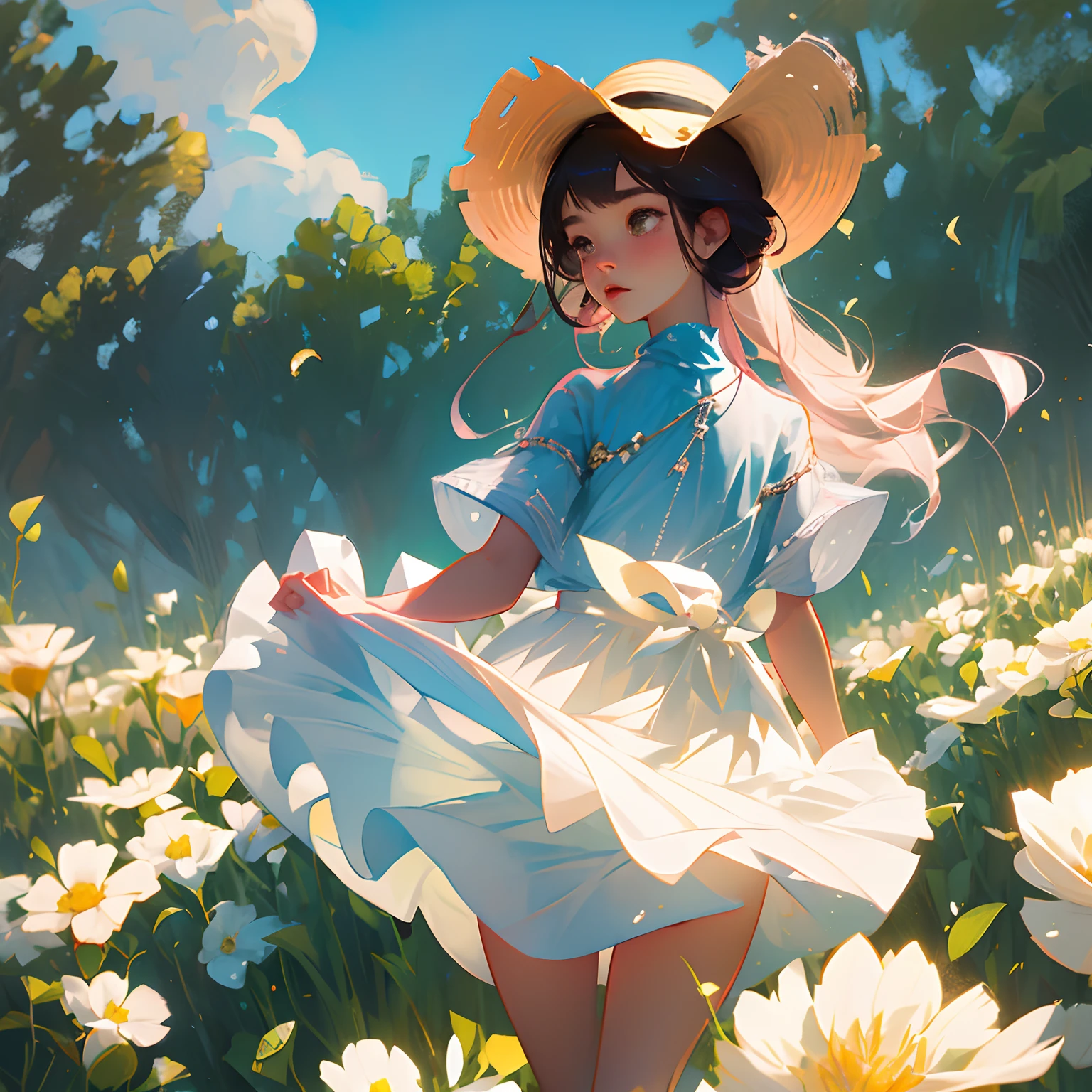A beautiful girl in a dress wearing a straw hat、Holding down a skirt that has been rolled up by the wind --auto