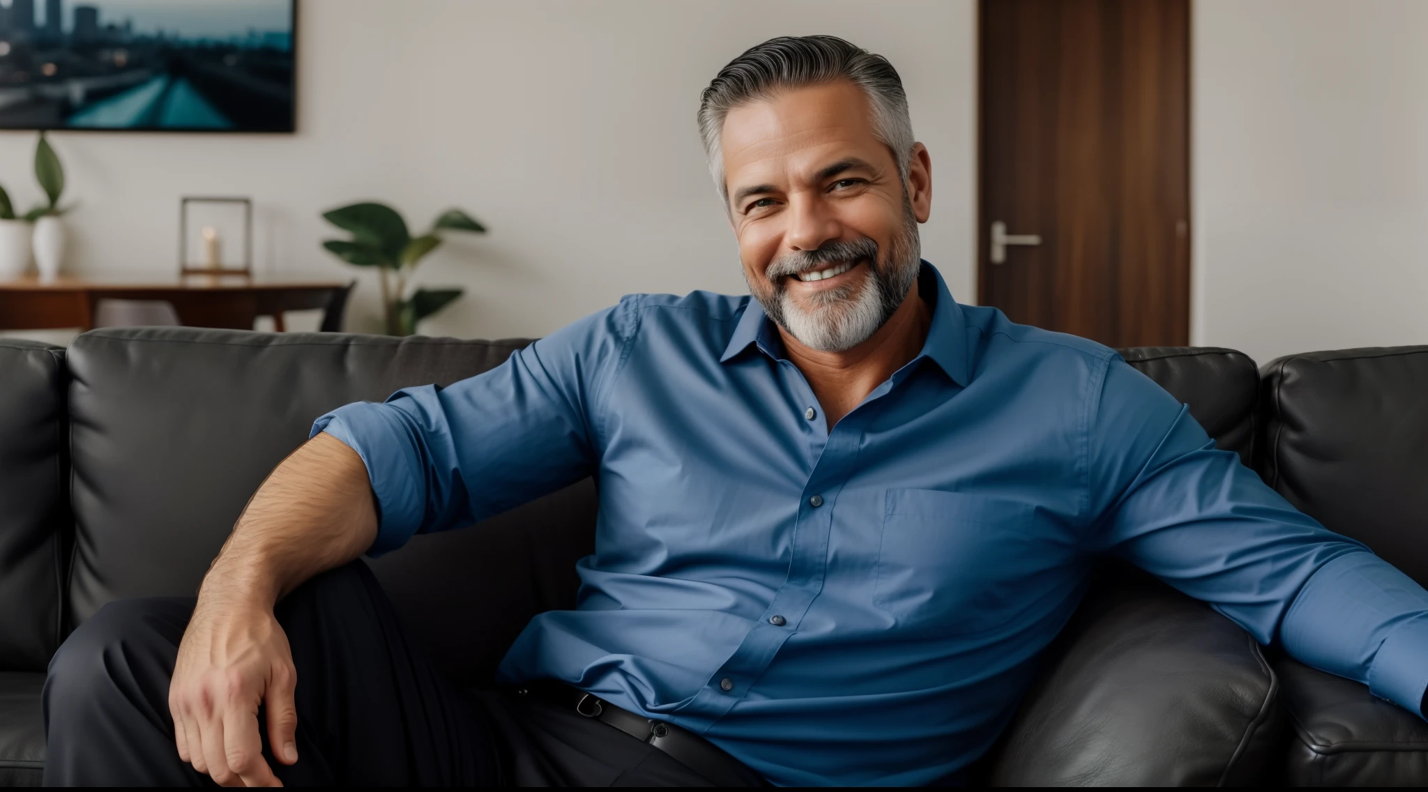 A handsome middle-aged man is sitting on a couch. Ele tem cabelos grisalhos curtos, olhos azuis e barba. He's wearing a blue shirt and black pants. He's smiling at the camera and seems to be relaxed. Ele tem um ar de sabedoria e gentileza