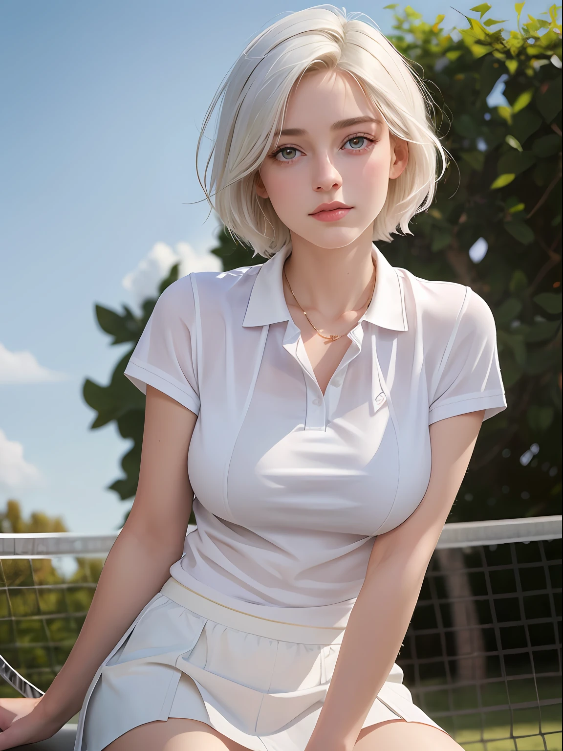 Young adult girl in an outdoor tennis court. Wearing an open in the sporty polo shirt, short skirt flowing in the air, flowy Bob haircut, (((white hair))), tired after an intensive training session, ((wet body)), (wet hair), ((sleeveless shirt)), dramatic sky, rim lighting, varying model positions, beautiful hair, clothes in various sporty patterns and pastel colors, ((looking at the camera)) and winking with one eye, ((focus on face and breasts)), ((close up)) ((breast cleavage)), push up breasts, bending over body towards camera