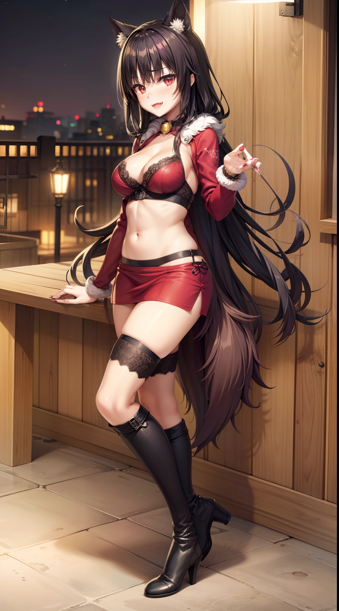 werewolf girl, ((fluffy skin)), paws on foots, fluffy fur on body, ((fangs)), ((claws)), tight crop top, cleavage, decolette, huge metal bracelets, huge metal collar, high over-the-knee boots, light green extremely_detailed_(lacy, fur, silk, satin)_(clothing, skirt), detailed face, detailed beautiful shiny eyes, slit pupils, metallic reflections, futuristic city square, (tatooed, marked)_fit_muscular_body, (((1girl))), portrait, (full body), natural breasts, medium length hair, masterpiece, best quality, beautiful and aesthetic:1.2, fractal art:1.4, 16K, HDR, RTX, Ray Tracing, Radiosity, Anisotropic Filtering, Subsurface Scattering