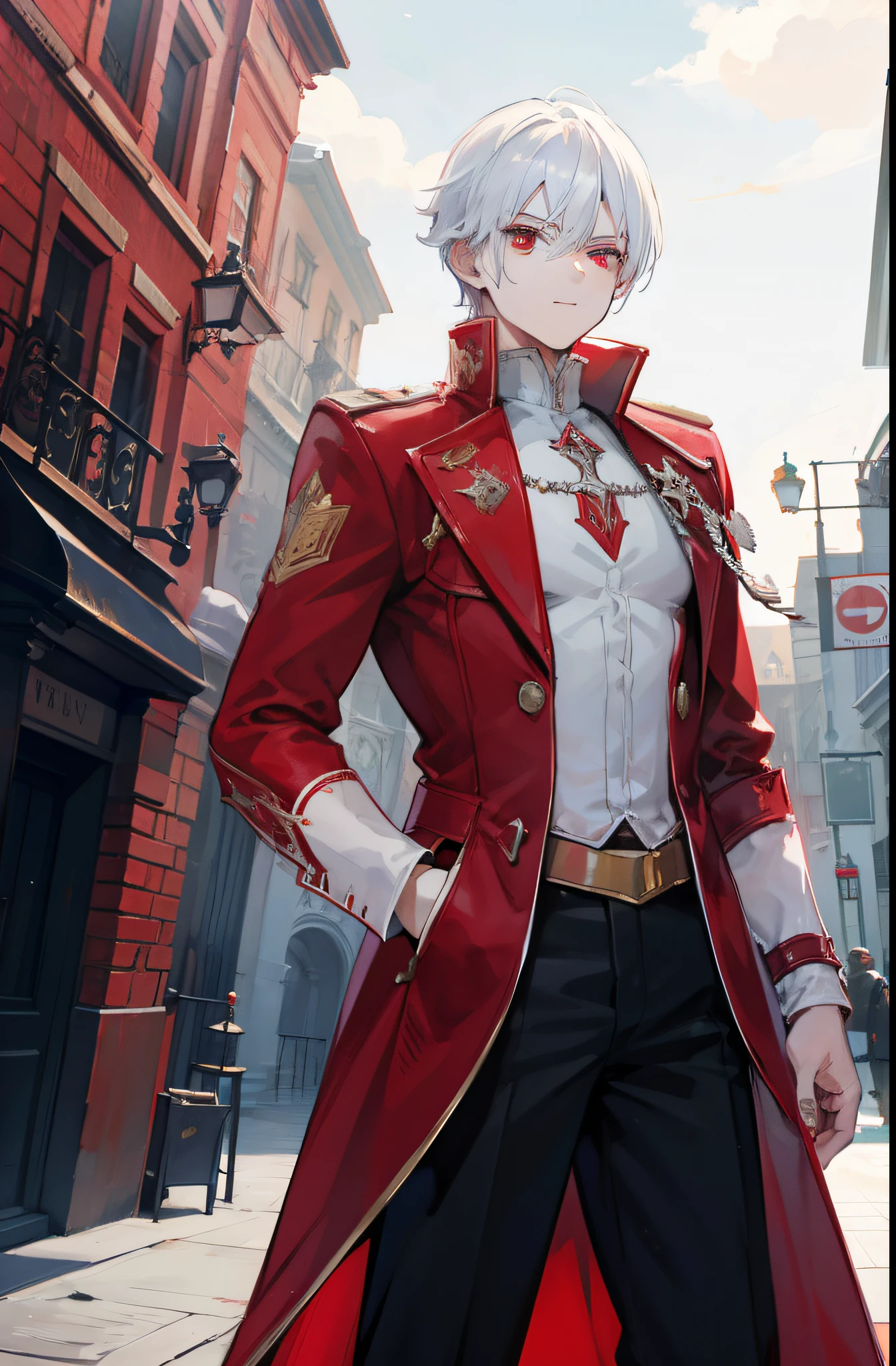 devil may cry, 1 boy with white hair and red eyes, posing in a royal guard