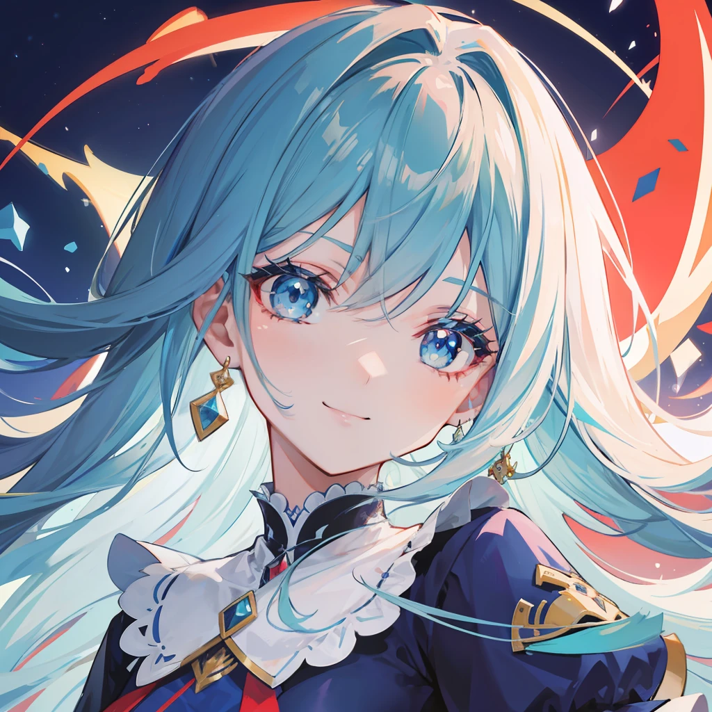 Garota de anime, cabelos curtos e azul escuro. Usa um vestido vermelho, tem um grande sorriso no rosto.