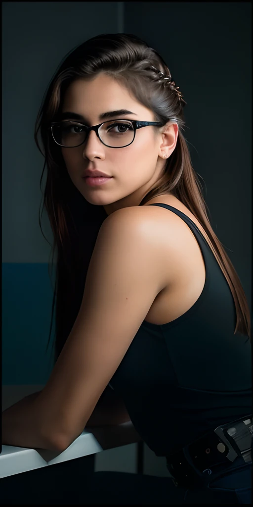(imagem  de corpo inteiro, jovem de 18 anos indiana de cabelo comprido,  liso, penteado para a direita),  in black framed glasses, sorriso em deboche(1:1 olhos violetas),  corpo magro, muitas joias,  fotografiarrealista, fotografia, obra-prima, realista, Realismo, renderizado, Alto contraste, photographingrealistic digital art trend on Artstation 8k HD high definition detailed realistic , detalhado, textura da pele, hiper detalhado, Textura realista da pele, armadura, melhor qualidade, ultra high-resolution, (fotografiarrealista: 1.4), alta resolução, detalhado, fotografia crua, sharp re, by lee jeffries nikon d850 film stock photographygrafiagraphy 4 kodak camera portra 400 lens f1.6 colors rich hyper realistic texture dramatic lighting irrealengine trending on artstation cinestill 800, Sentada em um banco quadrado de pernas cruzadas.