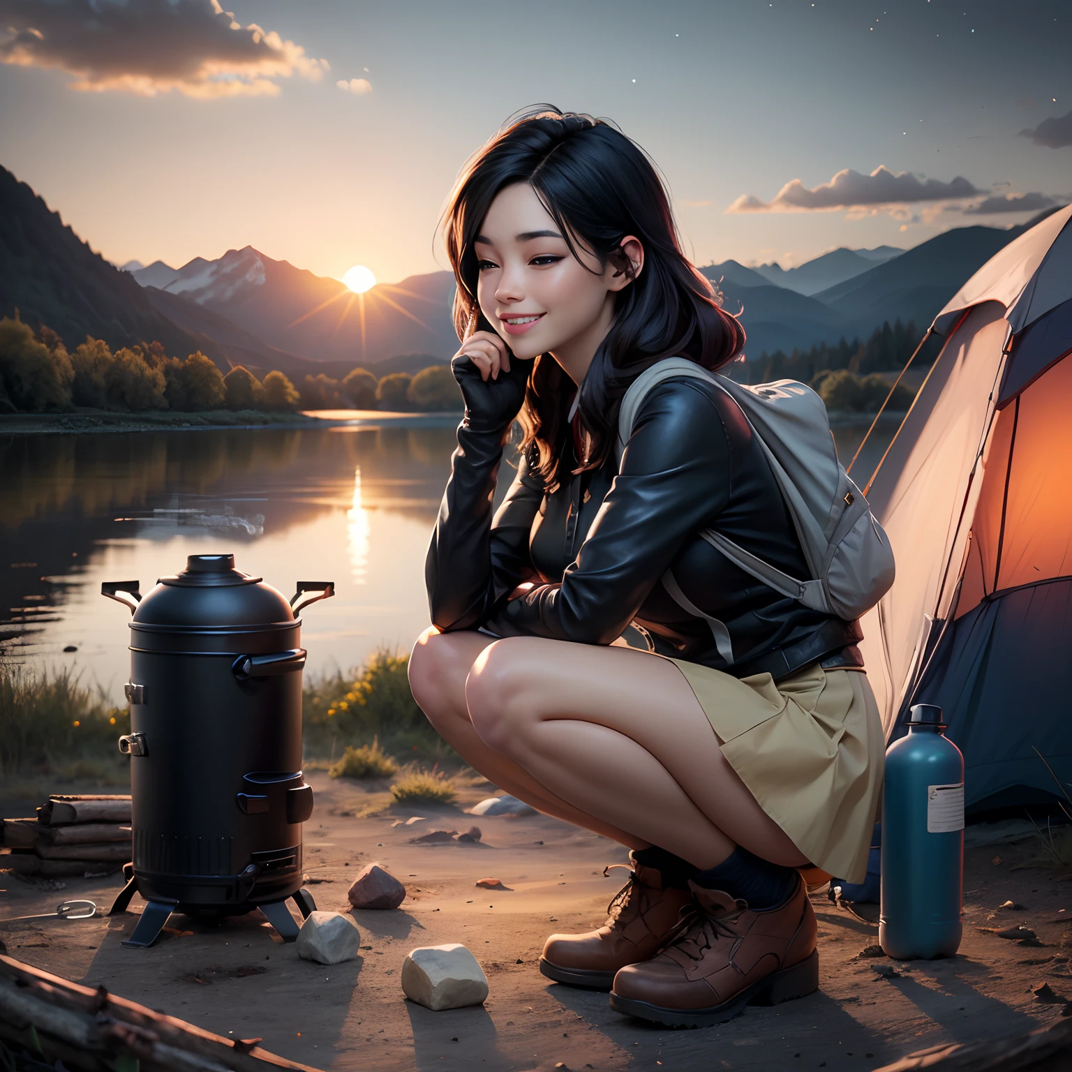 1 woman, black hair, skirt, cold blouse ((full body, crouching, smiling, happy)), masterpiece, best quality, perfect eyes, perfect hands, perfect legs, ultra-detailed, solo, outdoor, (sunset), mountains, nature, (stars, cloud) cheerful, happy, backpack, sleeping bag, camping stove, water bottle, tennis, gloves, flashlight, forest, stones, river, wood, smoke, shadows, contrast, style, (warm hue, warm tone: 1.2), cinematic light, side lighting, ultra high resolution, best shade, RAW, wooden house, campfire