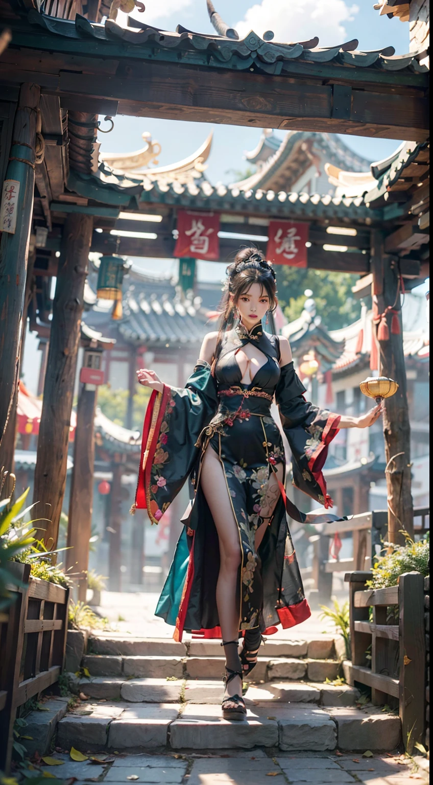 Ancient Chinese architecture，National style beautiful girl，Wear revealing Hanfu，Simple clothing， Minimalist style，Mixed Chinese and American races，The background is blurred out，focal，电影灯光，(((tmasterpiece))), ((best qualtiy)), ((Complex and detailed)), ((ultra-realistic realism)), Ridiculous resolution, A MILF, Mature woman, ssee-through, highly  detailed, illustratio, 1girll, (mediuml breasts), Thin waist and thick hips，long leges，beatiful detailed eyes, short detailed hair, brunette color hair, a purple eye, blackstockings，lacy clothing，Skirt that wraps hips，tightsuit，with faintly visible，Cool clothing，The body proportions are perfect，（No underwear：1.2），detailed back ground, perfect  eyes, Seductive eye, （nice hand），Detail hands，looking at viewert，From the front，Wear light，juicy legs，deep v big breasts，