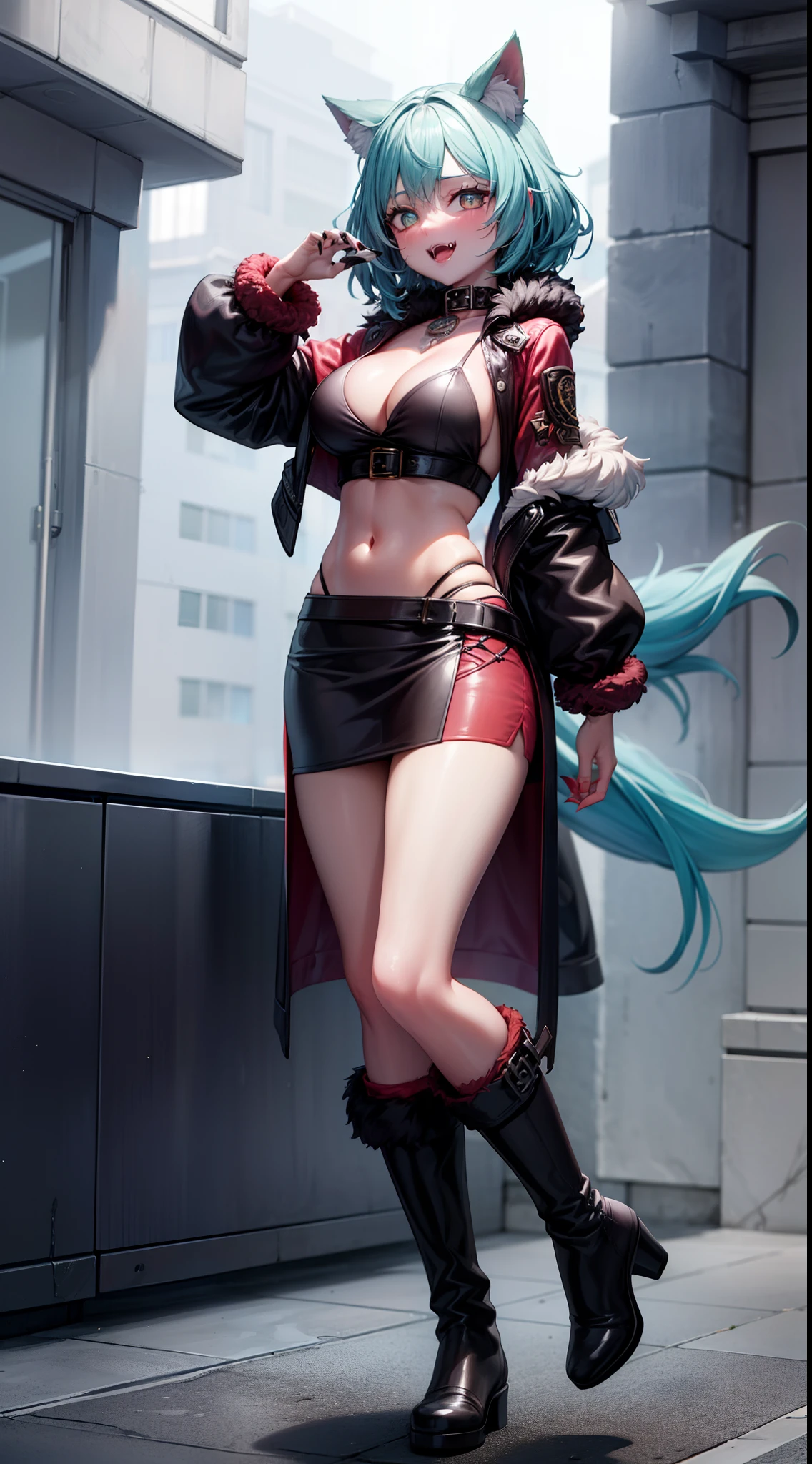 werewolf girl, ((fluffy skin)), paws on foots, fluffy fur on body, ((fangs)), ((claws)), tight crop top, cleavage, decolette, huge metal bracelets, huge metal collar, high over-the-knee boots, light green extremely_detailed_(lacy, fur, silk, satin)_(clothing, skirt), detailed face, detailed beautiful shiny eyes, slit pupils, metallic reflections, futuristic city square, (tatooed, marked)_fit_muscular_body, (((1girl))), portrait, (full body), natural breasts, medium length hair, masterpiece, best quality, beautiful and aesthetic:1.2, fractal art:1.4, 16K, HDR, RTX, Ray Tracing, Radiosity, Anisotropic Filtering, Subsurface Scattering