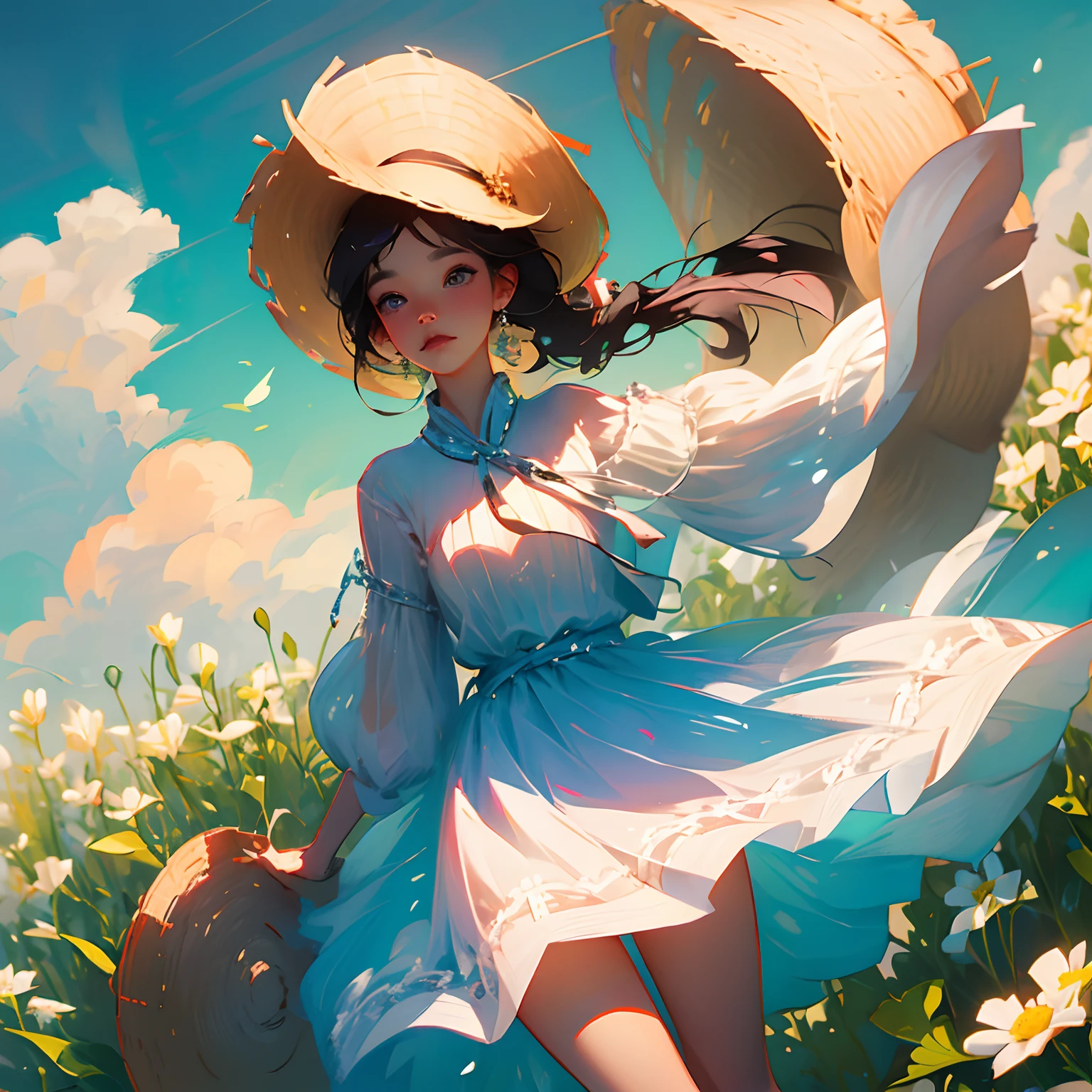 A beautiful girl in a dress wearing a straw hat、Holding down a skirt that has been rolled up by the wind --auto