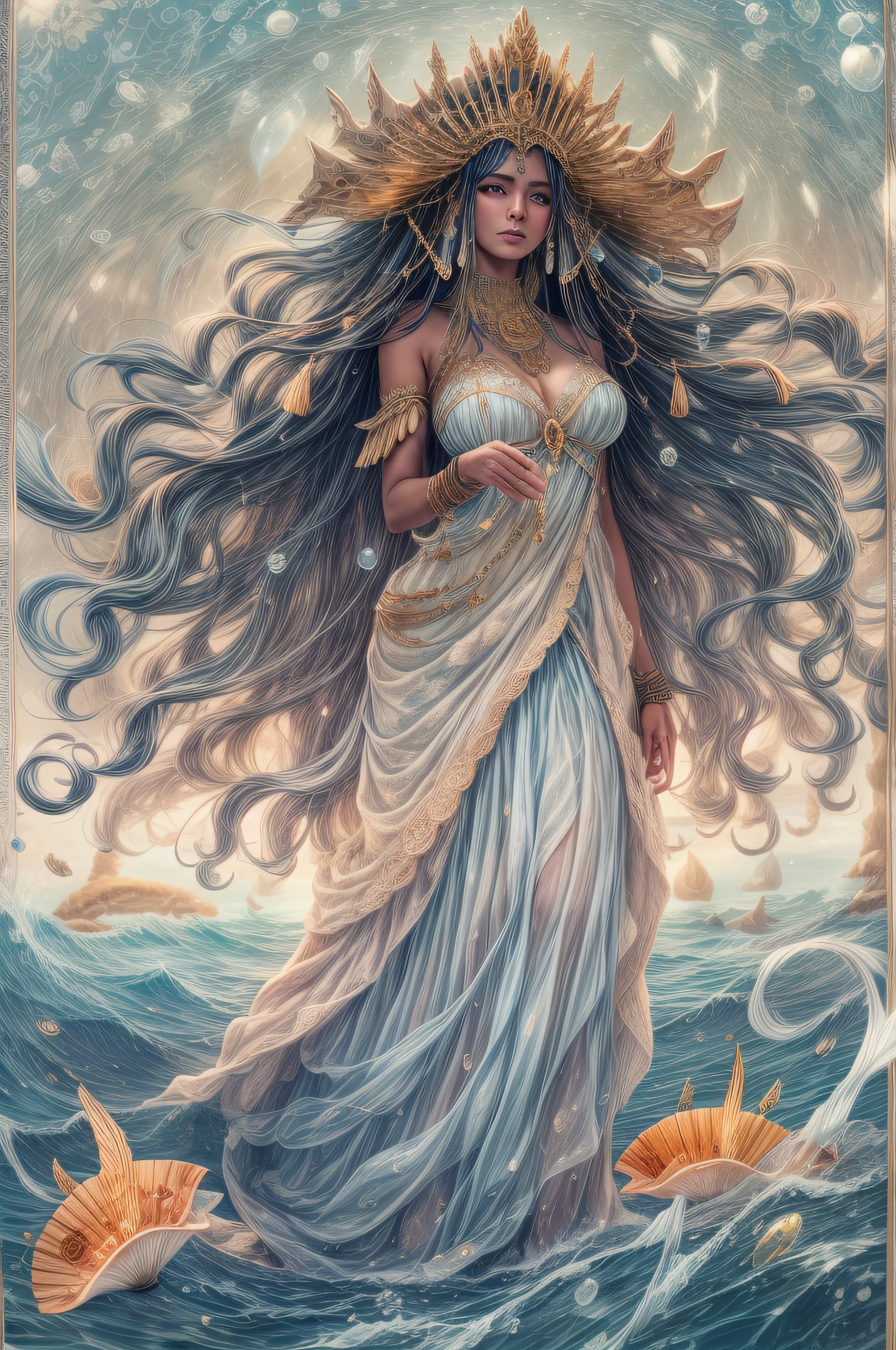 Yemanja, A Rainha do Mar, walking on the waters of a rough sea;, wearing a dress characteristic of Yemanja, water droplets in the atmosphere, nascer do sol ao fundo, Image framed by orchids of various colors. Image with resolution of at least 300dpi, vestido azul e longos cabelos pretos, sometimes with ornaments and beaded shells, since she is the queen of the sea., prata, open sky