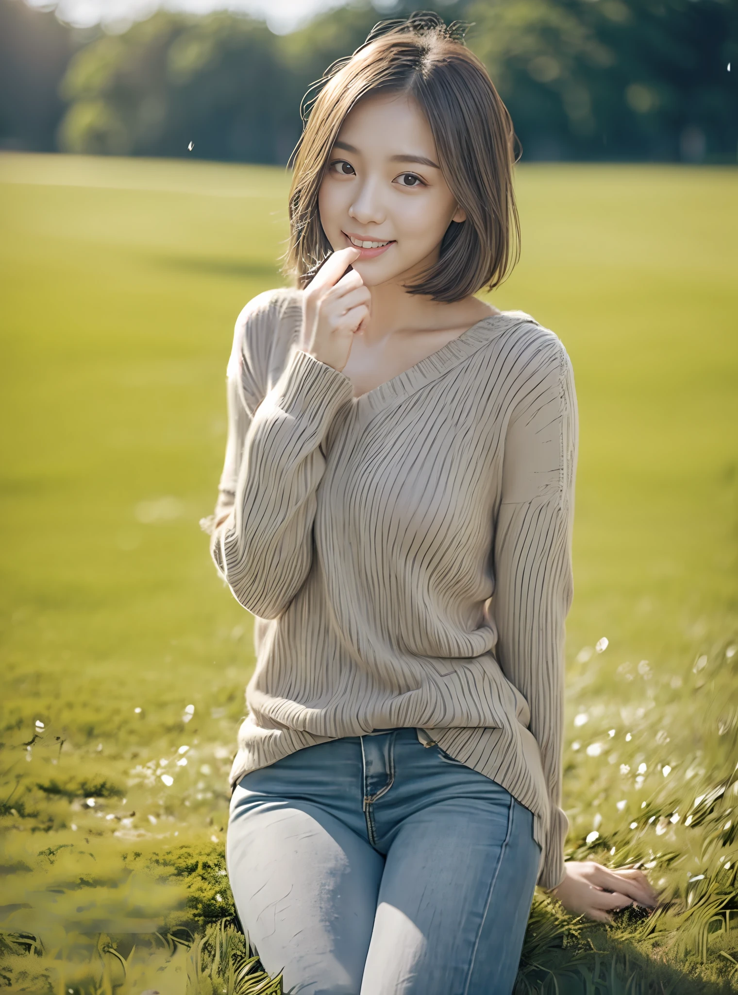 (rain, grassy fields: 1.3), 1 beautiful woman taking pictures on the grass，RAW photos，tmasterpiece，（highdetailskin：1.2），8k ultra high definition，digital SLR camera，gentlesoftlighting，high high quality，filmgrain，富士XT3，20 years old Asian woman，Dark gray skinny sweater（Slim，Fit snugly to the body，Show beautiful curves）and trendy jeans with open navels，Detailed clothing details:1.5，perfect body figure，Perfect breasts and nipple bulge，The calves are straight and slender，（（Branded fashion travel shoes:1.5）），Melon seed face，short detailed hair，Super detailed facial details and skin，Fair face and fair skin，二重まぶた，Super detailed eyes，A sweet smile，Beautiful accessories，detailed finger，(Gloss on lips, eyeslashes, Glossy face, Best quality, Super high resolution, warm color，Wide lighting, naturalshadow), Sit on the grass and play，Pose coquettishly，Show off your sexy figure， Full body shooting: 1.8