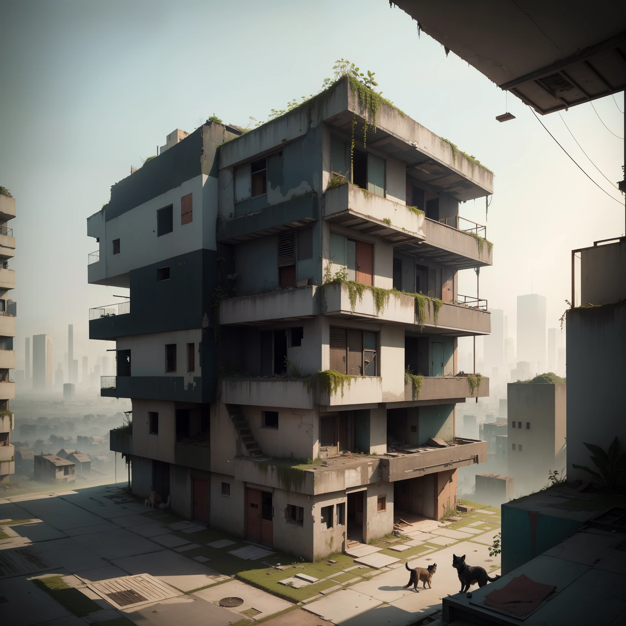 Modern abandonated city. No humans living. Ruins. Moss and plants growing inside of buildings. Roofless houses. Debris. Cute stray dogs playing.